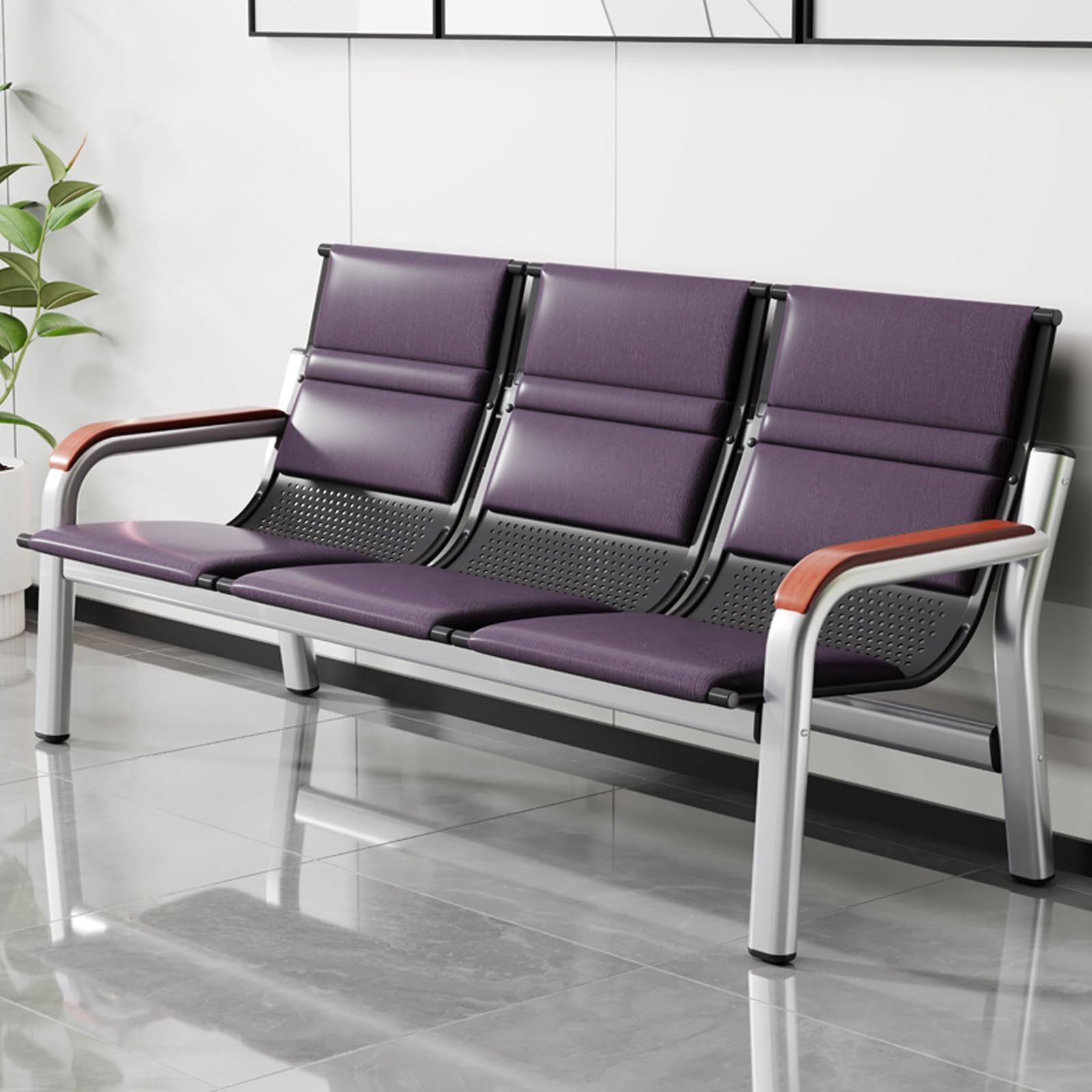 SnamicE Purple 3Seat Waiting Room Chairs with ArmsLeather Office Reception Bench for Airport, Bank, Salon & Conference Entryway,Purple