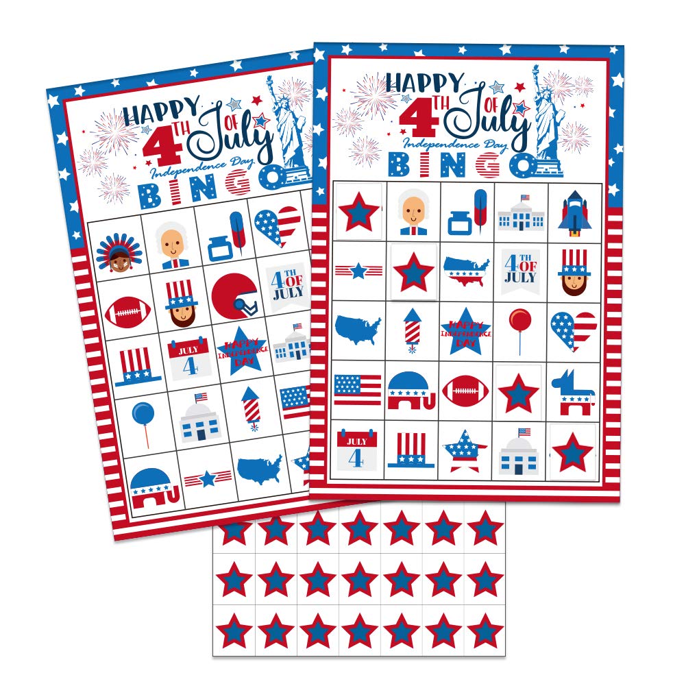 Amazon.com: WaaHome 4th of July Bingo Games for Kids 24 Patriotic Bingo  Cards for Independence Day Party Decorations School Classroom Party Favor :  Toys & Games