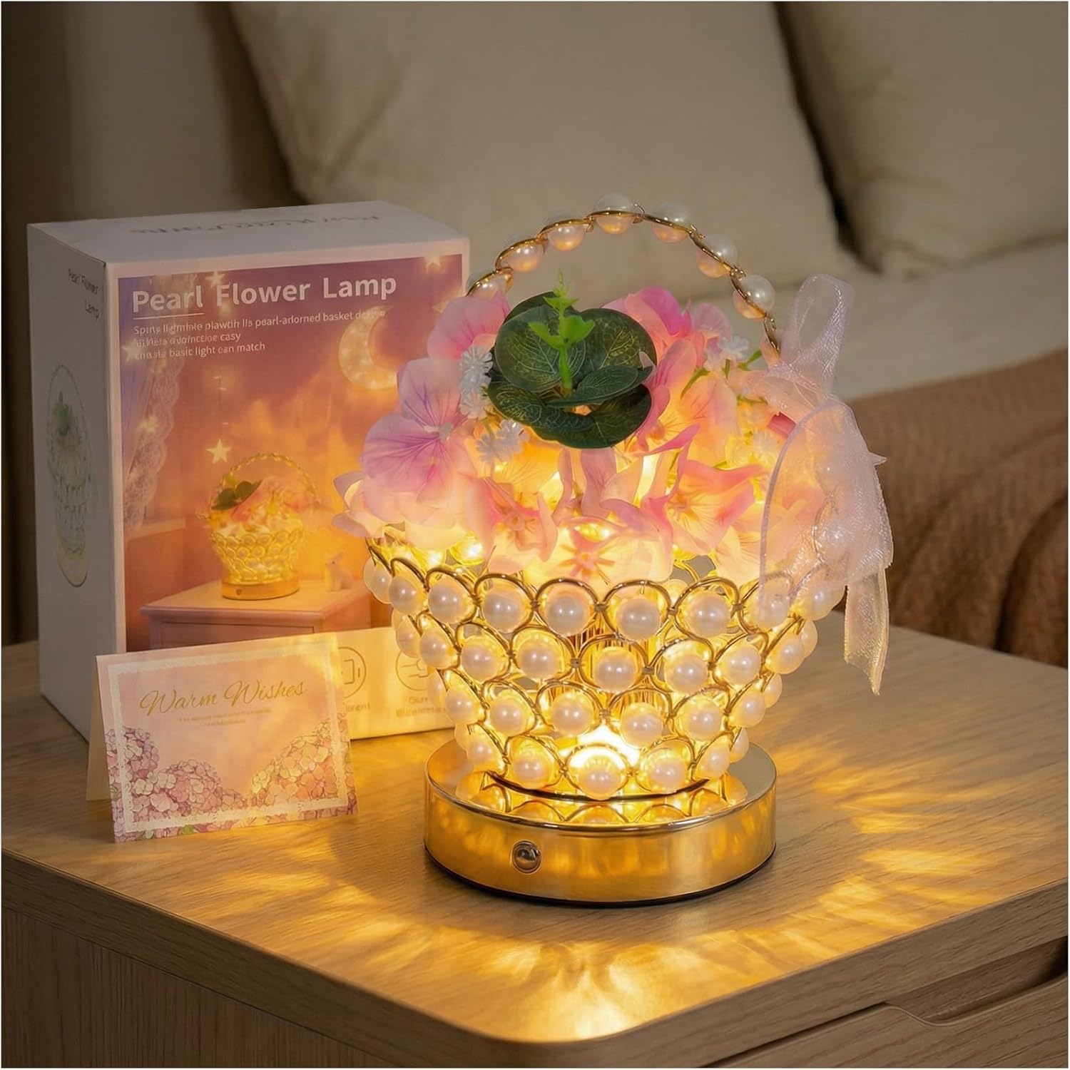 Portable Hydrangea Pearl-Handle Lamp – Cordless LED 3D-Printed Flower Light with 3-Color Touch Control, USB-C Rechargeable Table Centerpiece, Luxury Anniversary & Housewarming Gifts for Women