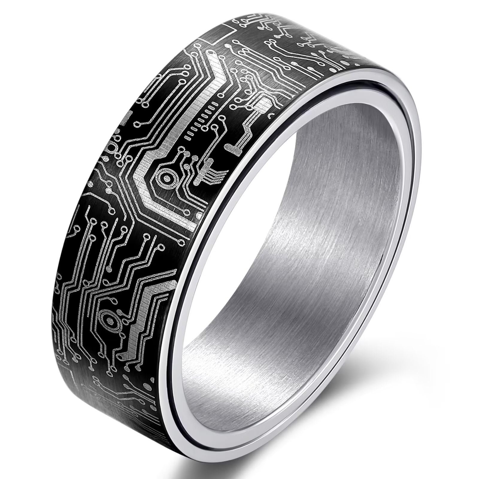 Adreamz 8mm Computer Circuit Board Pattern Ring Black/Silver/Blue/Gold - Spinner Fidget Anxiety Relieving Stainless Steel Ring For Men Programmer
