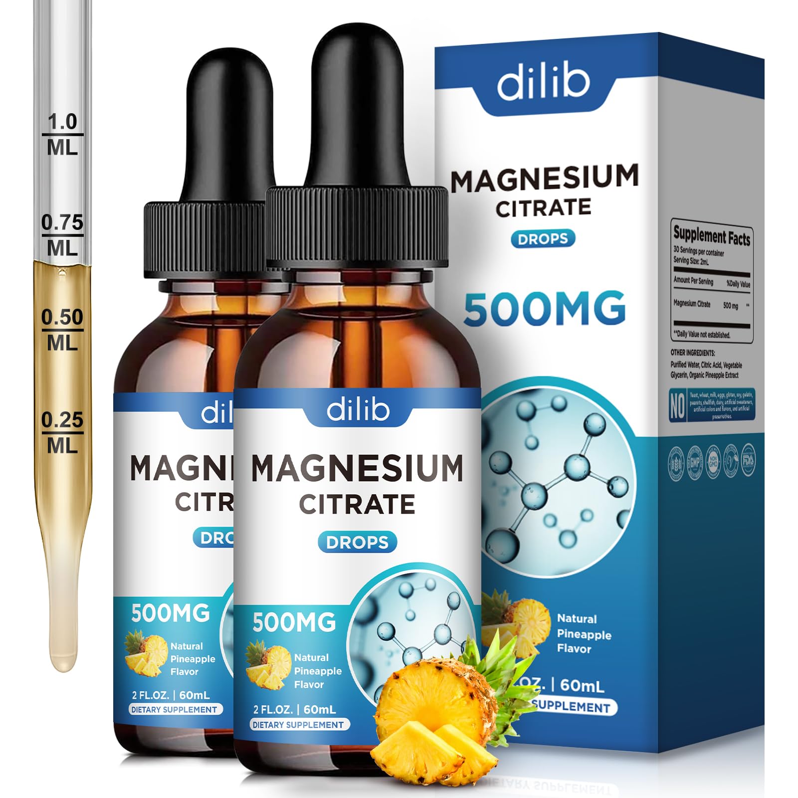 Magnesium Citrate Liquid Drops, Liquid Magnesium Supplement 500mg, Support Stress Relief, Sleep, Mood, Bones, Muscles, Relaxation, Vegan Natural Pineapple Flavor 4 Fl Oz Pineapple 4 Fl Oz (Pack of 1)