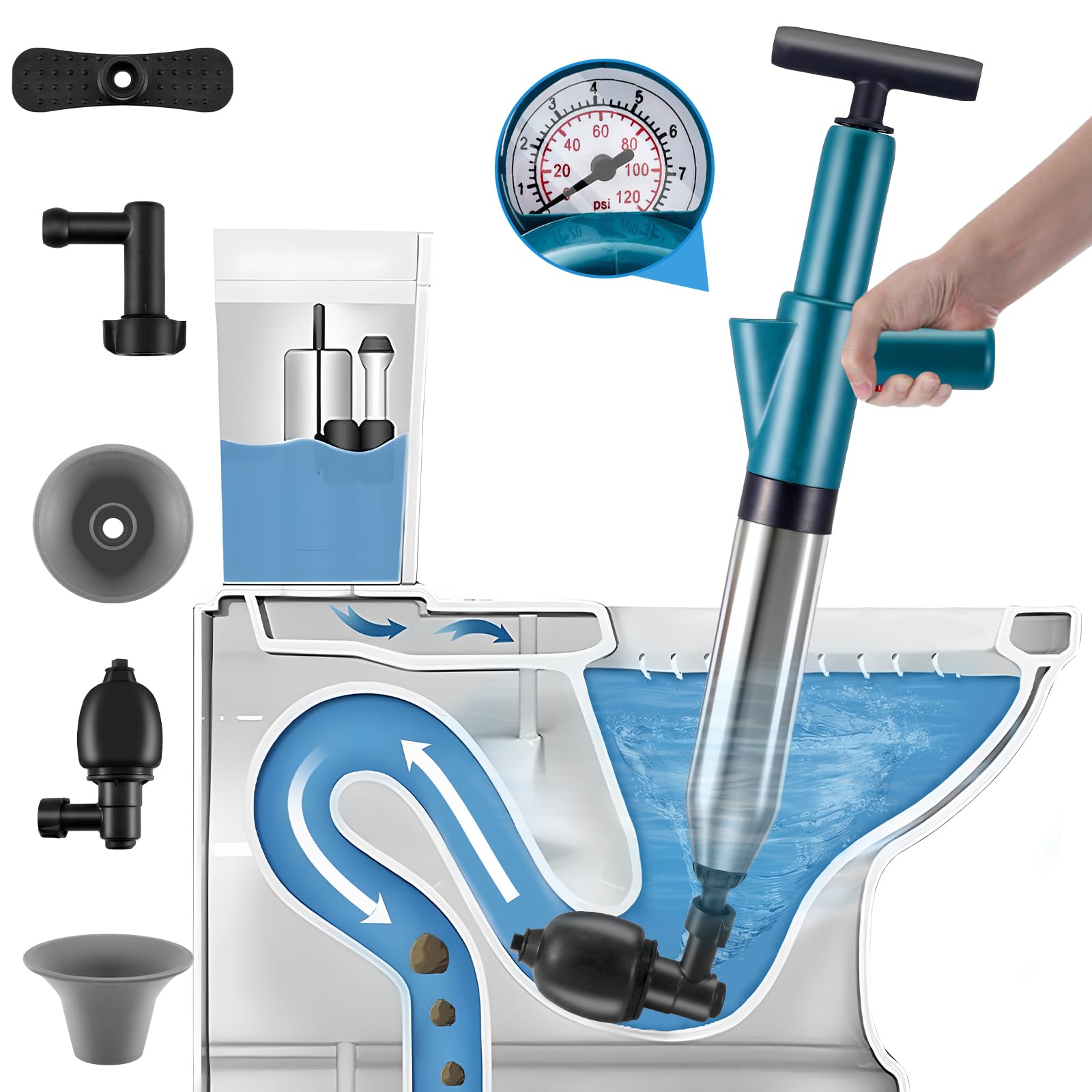 Desatascador de inodoro de alta presión con kit resistente de 4 cabezales para desagües de baño