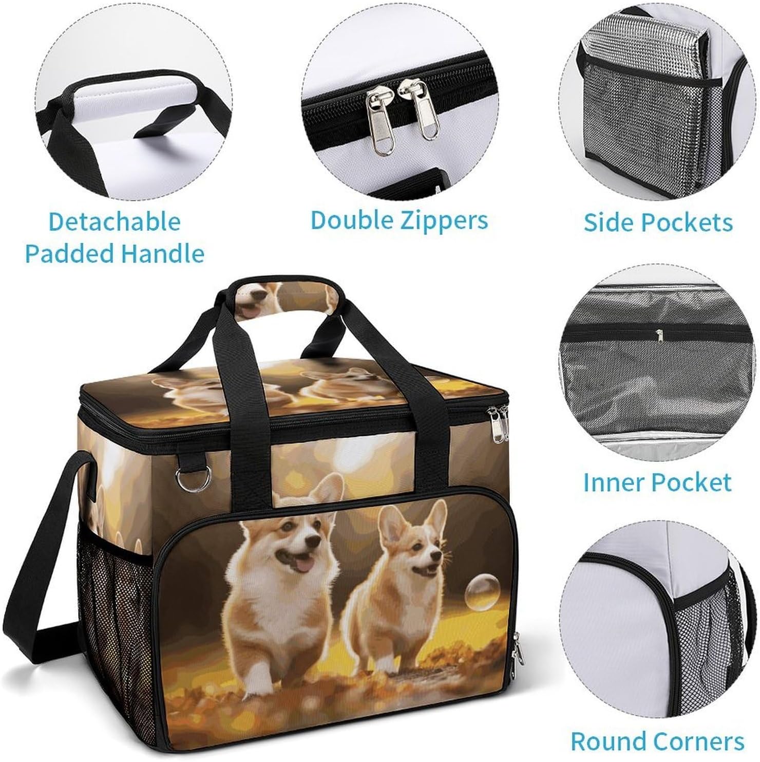 Insulated Picnic Backpack Tote Bag, Large Capacity 30L Cute Corgi Dog Cooler Bag Leakproof Beach Bags Portable Lunch Box Waterproof Picnic Basket for Beach Camping BBQ