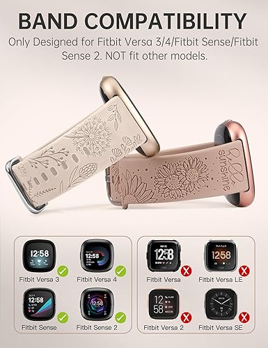 Miniatura 3 de Minyee Paquete de 2 correas grabadas florales compatibles con Fitbit Versa 4Versa 3Sense 2Sense Band para mujer, lindo diseño de girasol de diente
