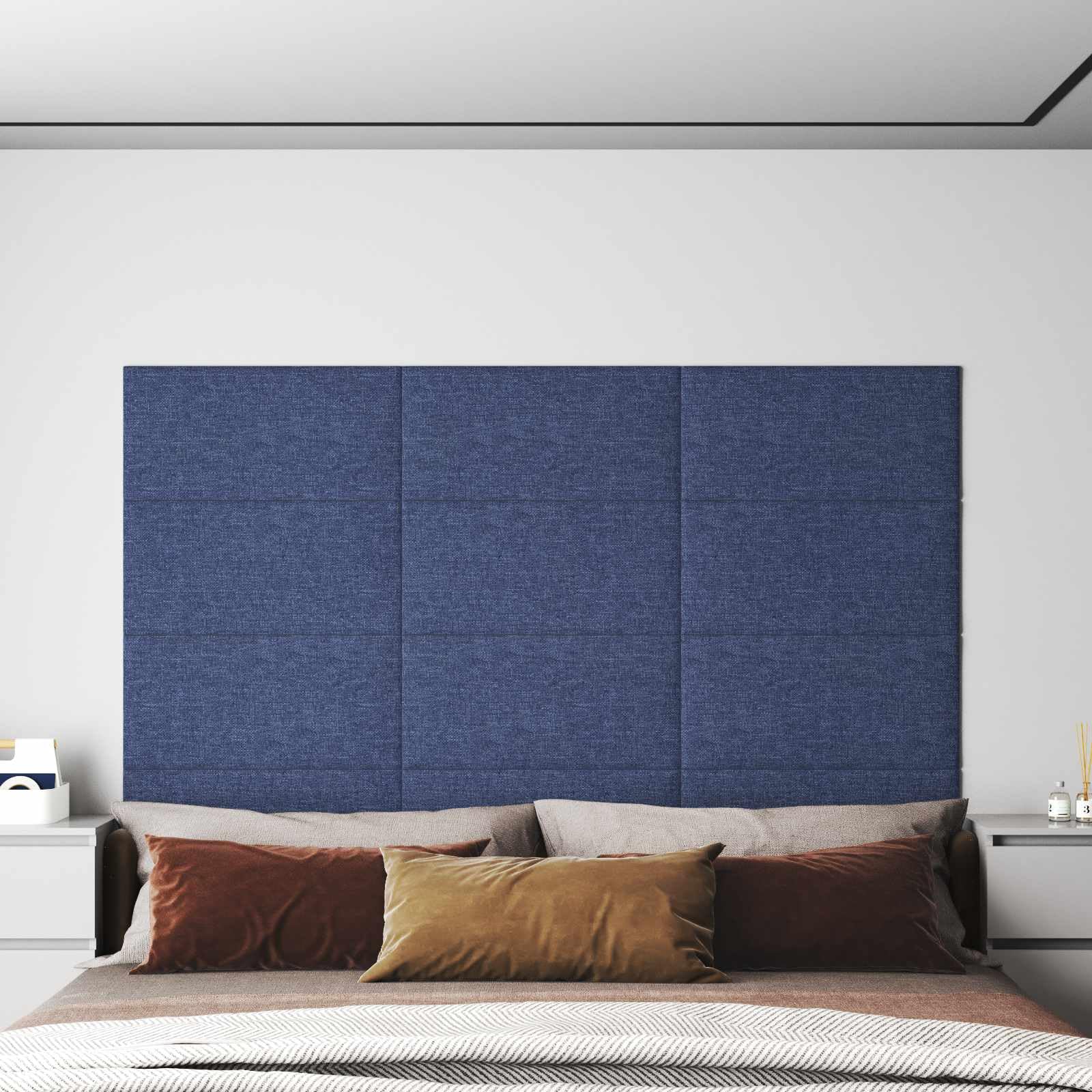 Cabeceros de pared, 12 unidades, tela azul, 60 x 30 cm, diseño moderno para dormitorio, decoración de pared, diseño rectangular, para salón, dormitorio, pasillo con marco de madera, fácil