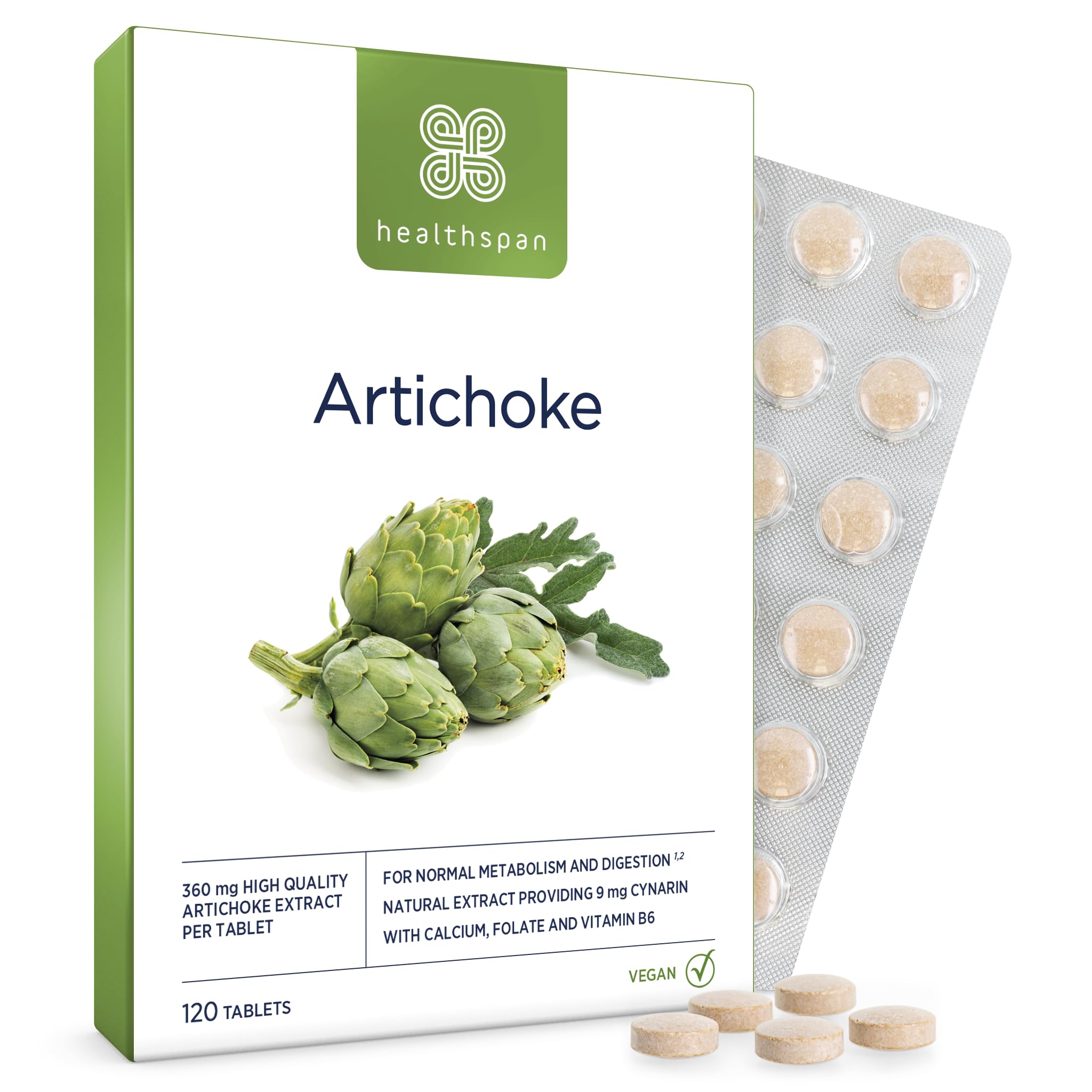 Artichoke Extract 360mg (120 Tablets) | Supports Digestion & Liver Health | High Strength Vegan Artichoke Tablets with 7.2mg of Cynarin | with Calcium, Folate & Vitamin B6 | Vegan