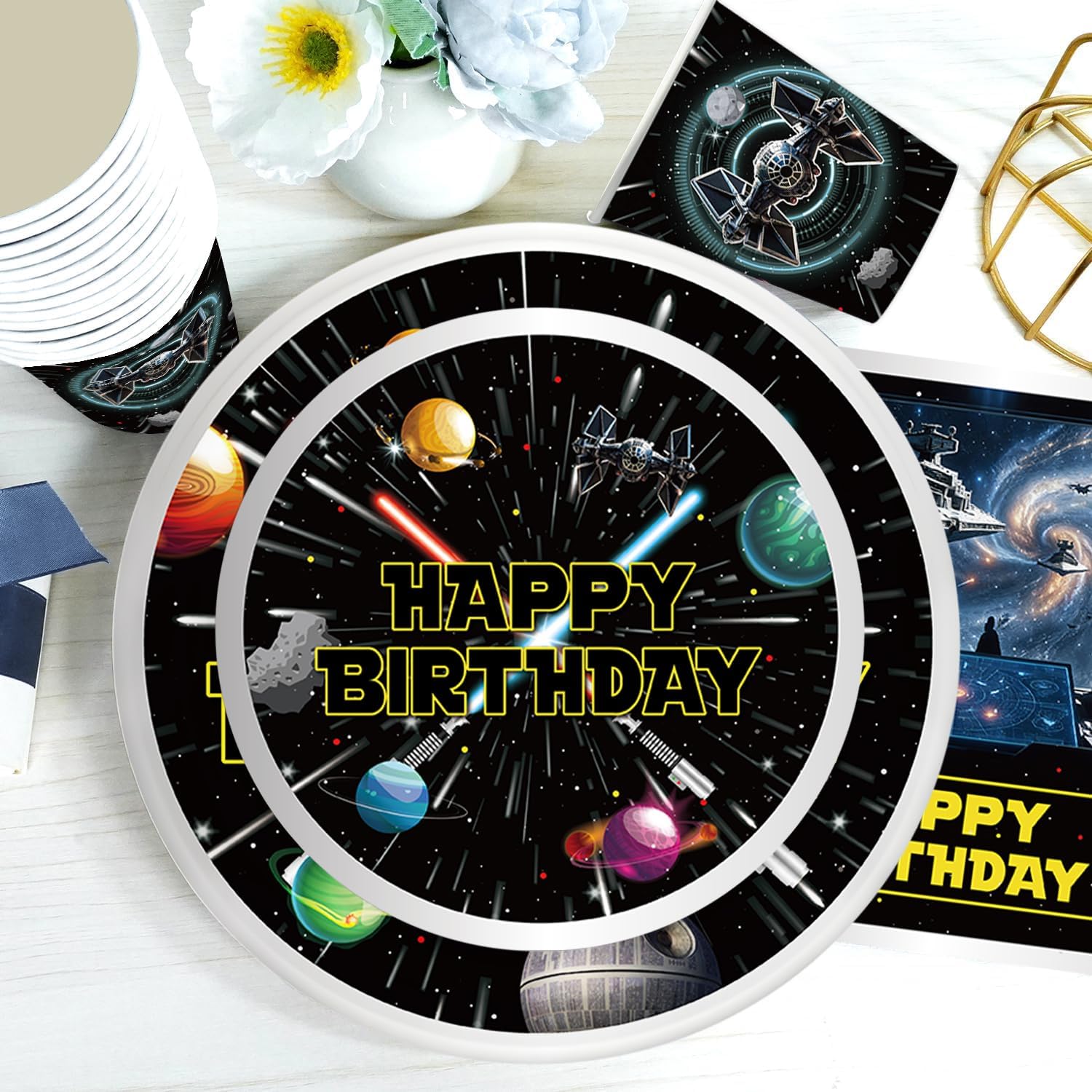 140 Galaxy Wars Birthday Party Decorations, All-in-One Party Supplies Set with Banner, Plates, Cups, Napkins, Balloons, Tablecloth, Hanging Swirls Stickers,Cake Topper,Star Theme Party Tableware Kit