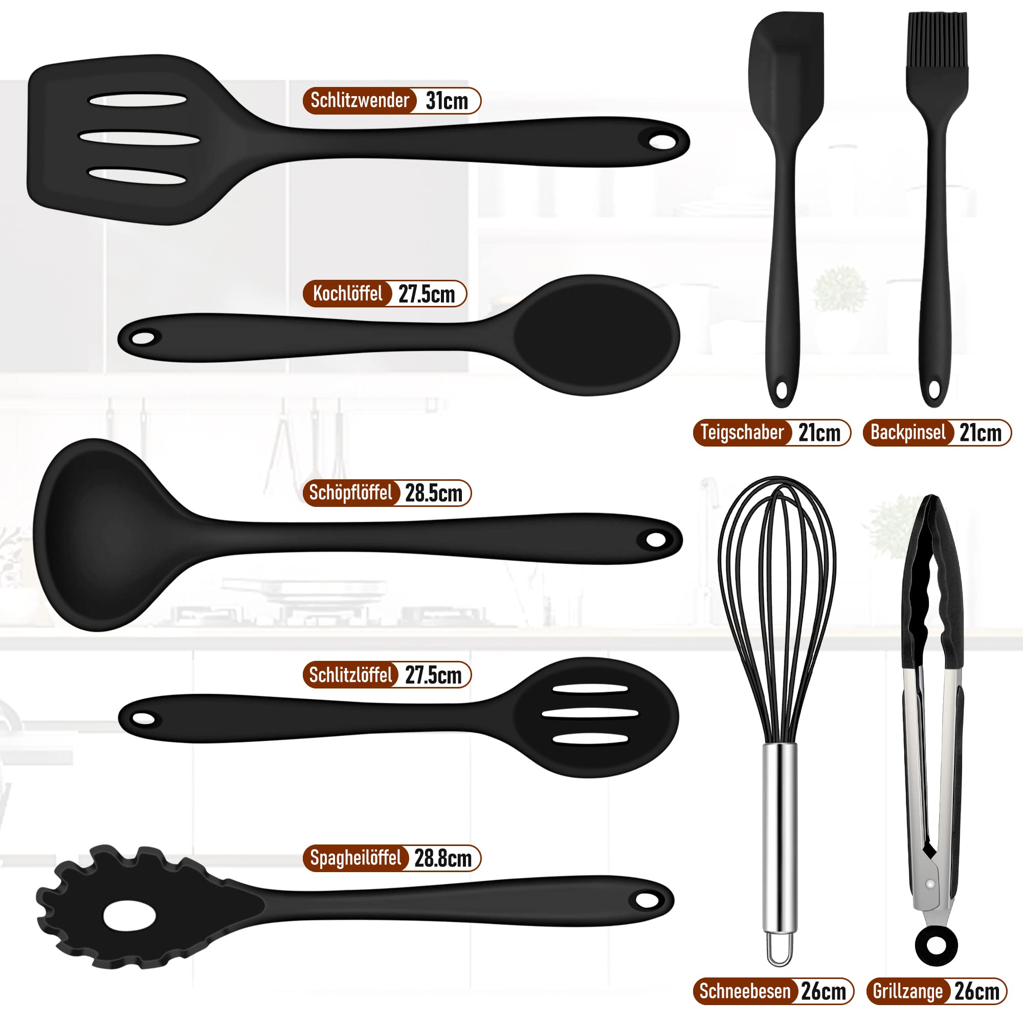 Küchenhelfer Set, Joyfair 9 Stück Schwarz Küchenutensilien Silikon, Hitzebeständiges Kochutensilien Kochgeschirr Set mit Pfannenwender Schneebesen Grillzange, Antihaft Kochbesteck zum Kochen & Backen