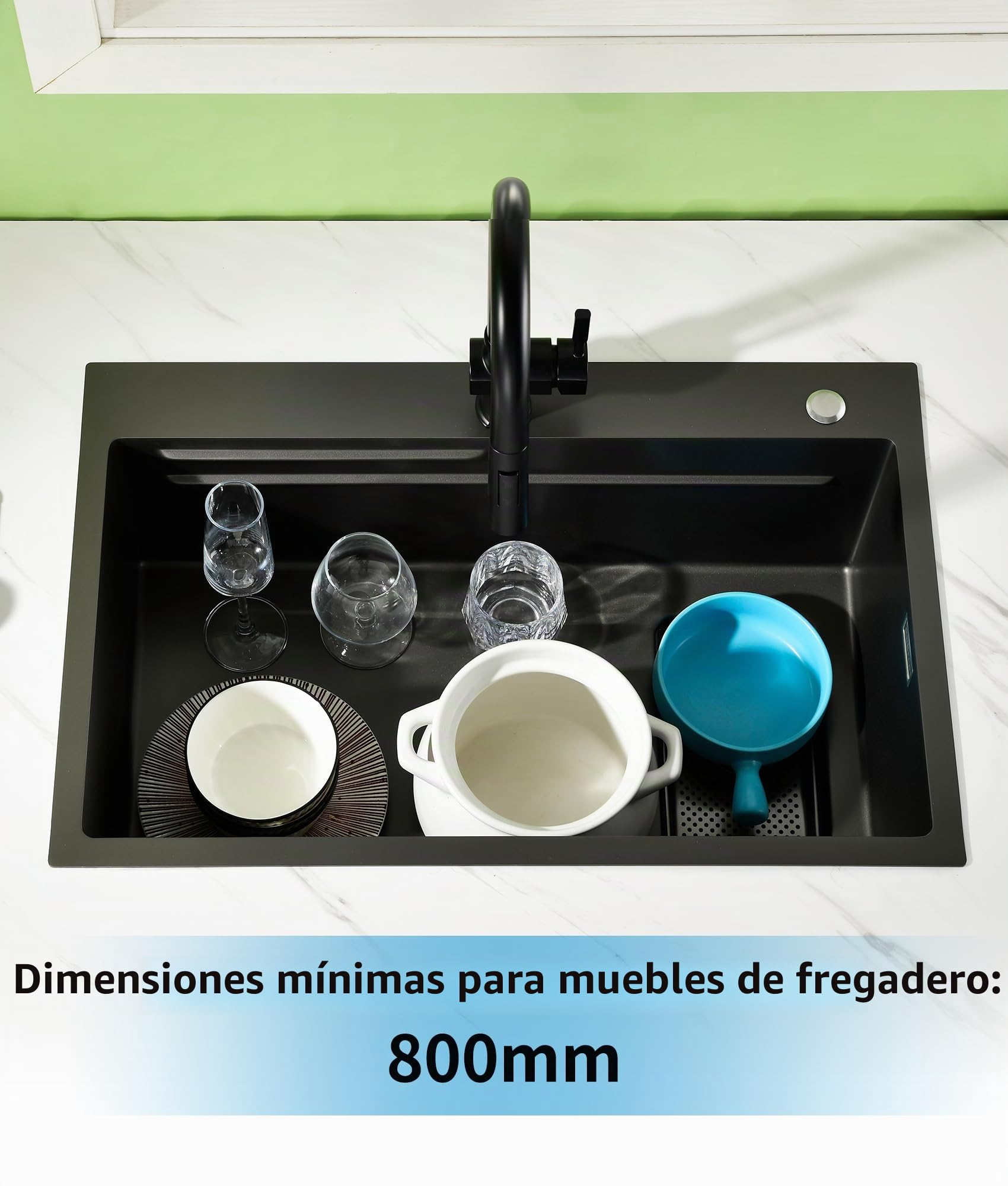 Fregadero Cocina Negro Acero Inoxidable 70×45cm,Fregadero Cocina 1 Seno,2 Orificios para Grifo,Kit Completo con Canasta,Bandeja de descongelación,Cestade Desagüe,Sifón