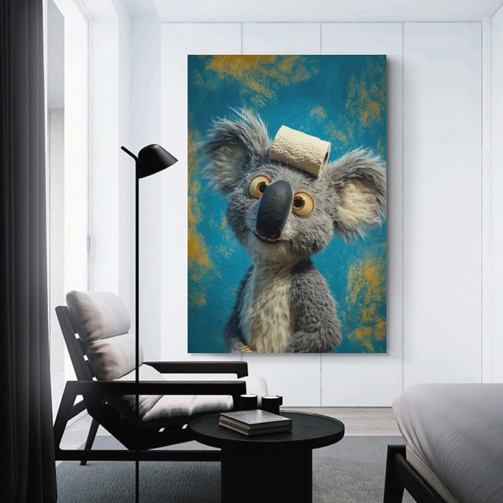 Junmoney Canvas Wall Decor Koala with Toilet Paper on Head, 20x30inch(50x75cm), for Lounge Decor, Bedroom Walls Or Flats, Eye Catching Artwork for Blank Walls