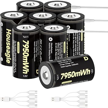 D Batteries Rechargeable 8 Pack,1.5V Constant Output Size D Cell Rechargeable Batteries 7950mAh Lithium D Batteries with 4 in 1 USB-C Charging Cable for Flashlights/Toys/Remotes and More,1600+ Cycles