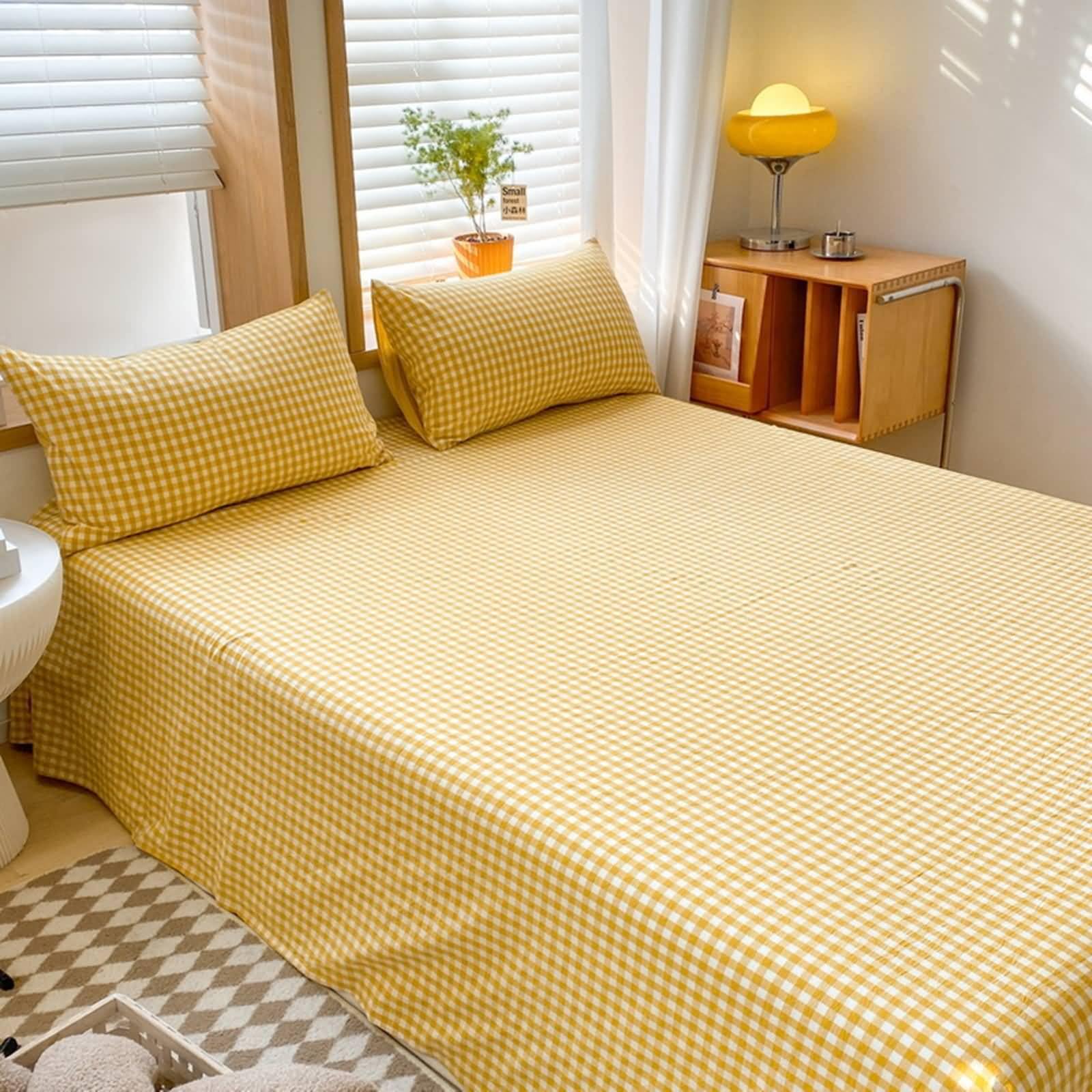 Daesar Juego Sábanas Encimeras Cama con 2 Fundas de Almohada,Patrón de Celosía Algodón Ropa de Cama Amarillo,120 x 230 CM