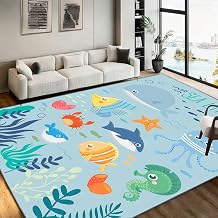 Cute Cartoon Sea Life Area Rug, 2x3ft Pastel Whale Octopus Crab Marine Carpet, Soft Washable Non-Slip Mat for Teen Bedroom Nursery Toddler Room Daycare Center Childrens Indoor Decor