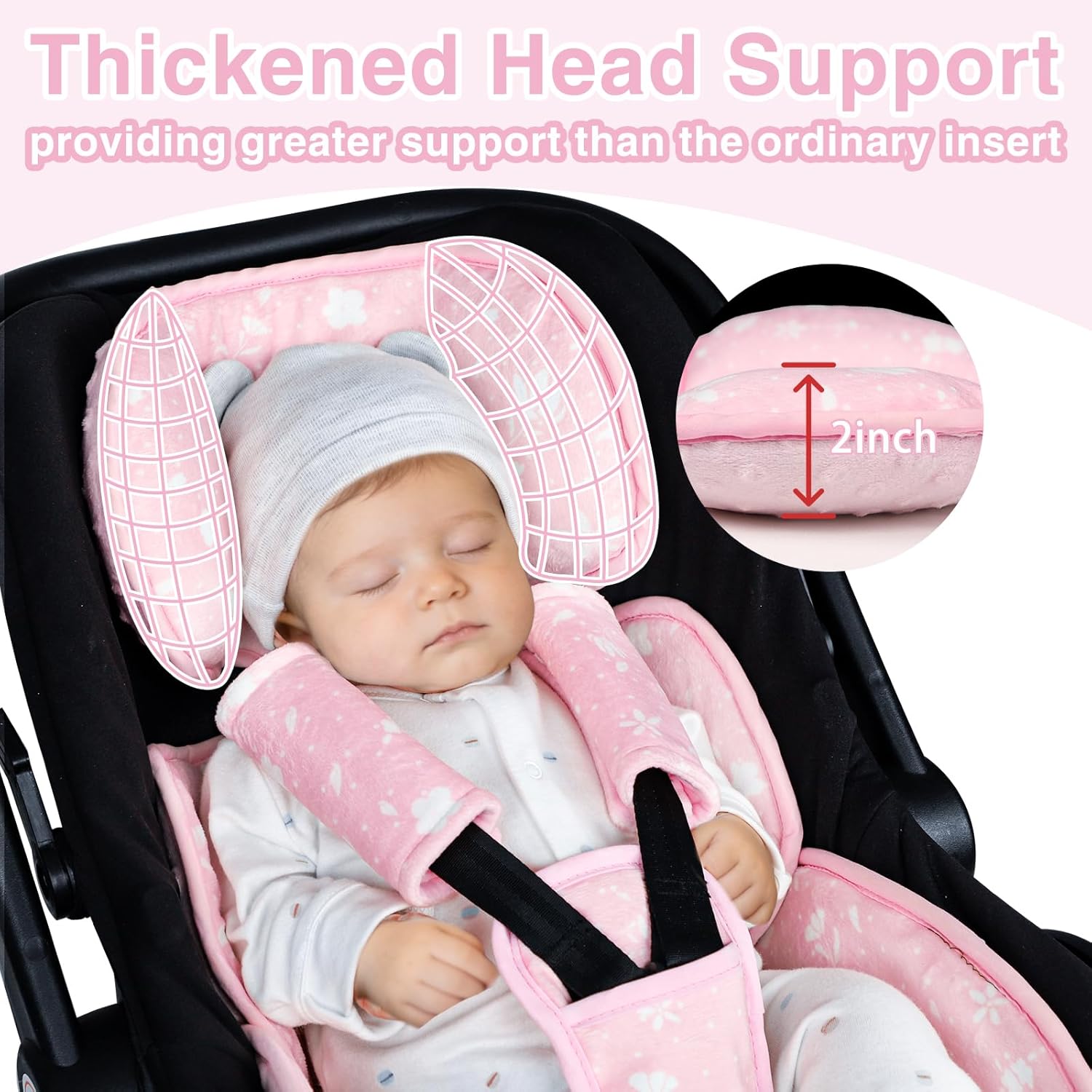 Infant Car Seat Insert, 3 in 1 Ultra-Thick Newborn Carseat Insert with Strap Covers for Girls, Man Fai Sky Universal Car Seat Head Support Baby for Carseat, Strollers, Swings, Bouncer (Pink)