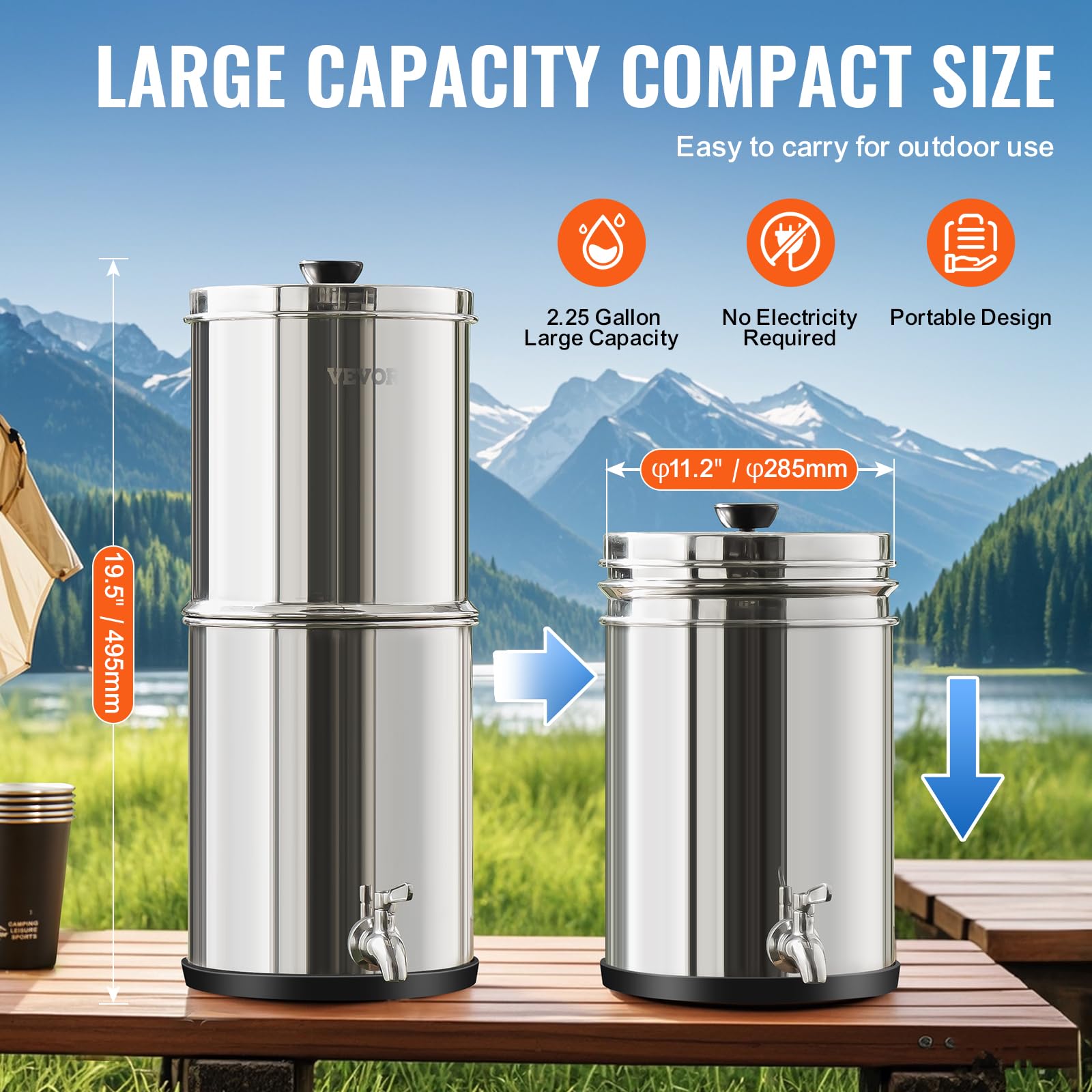 VEVOR Sistema de Filtración de Agua por Gravedad 8,5 L Filtro de Agua por Gravedad para Encimera Acero Inoxidable 304 Reduce Plomo y hasta 99% de Cloro con 2 Filtros de Carbón y Grifo para Hogar