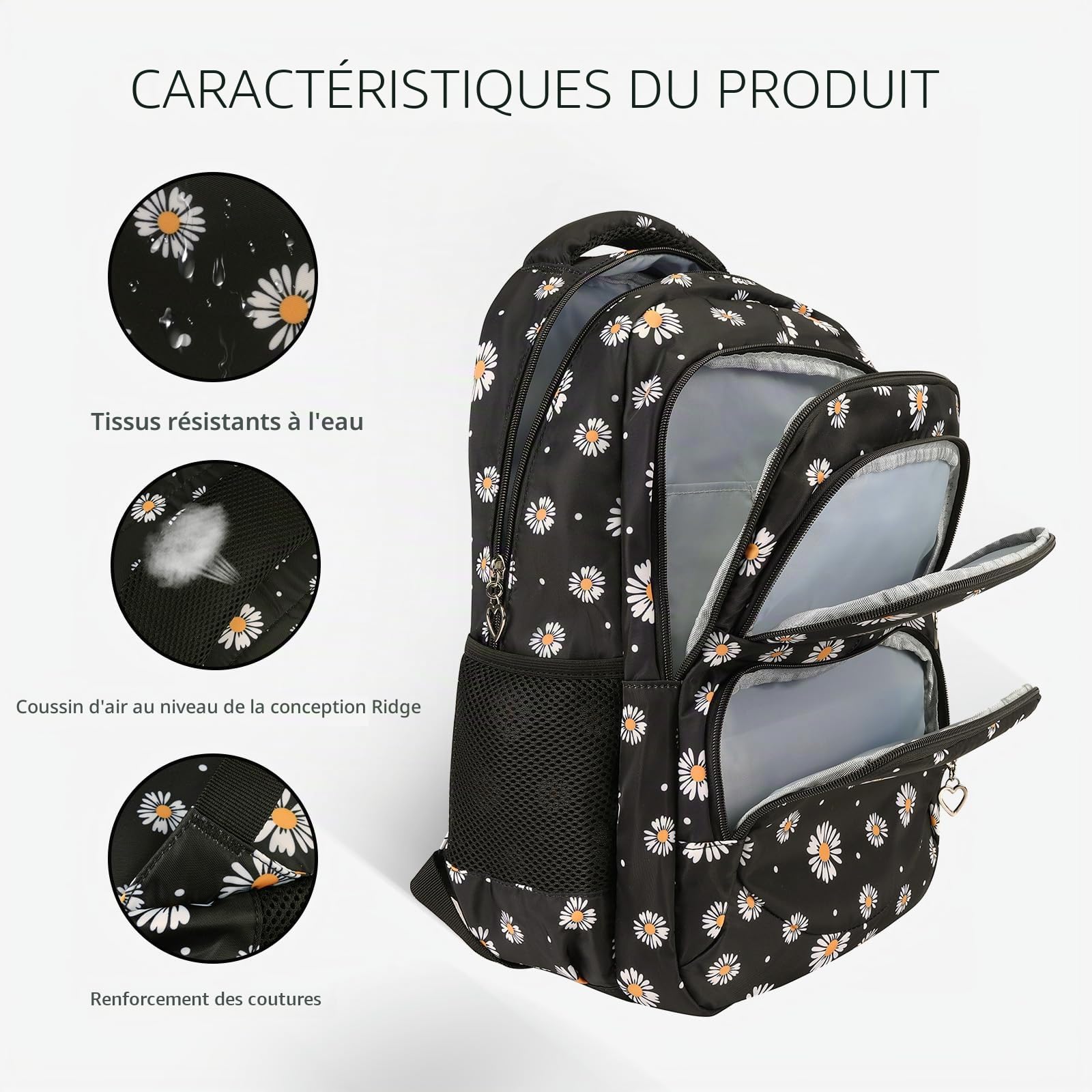 Ensemble de sac à dos imprimé Daisy 3 pièces résistant à l'eau, léger pour l'école secondaire, noir