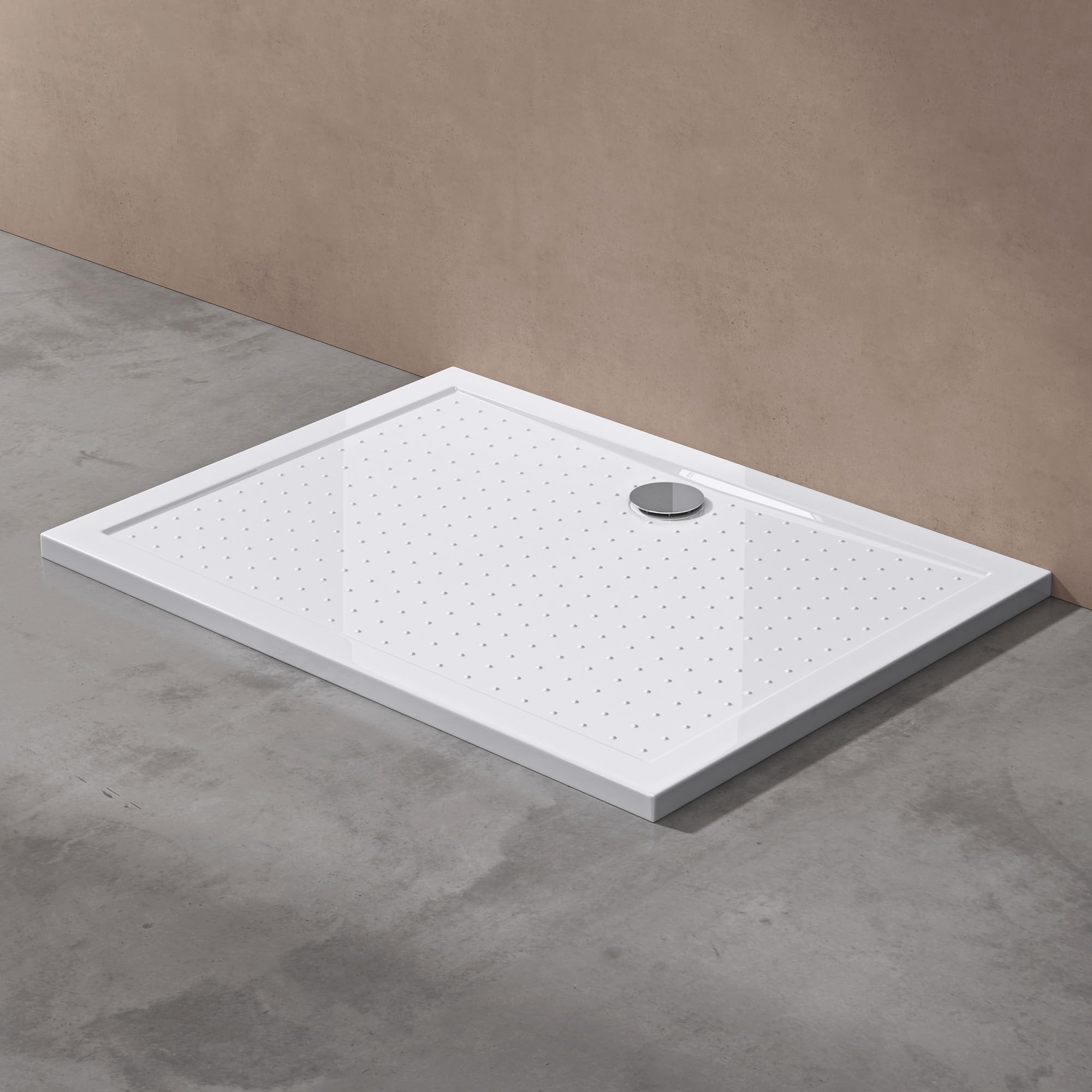 doporro Plato de Ducha Rectangular Antideslizante 70x100x4 cm – Acrílico Blanco, Conexiones DIN, Instalación a Ras de Suelo – Lucia02