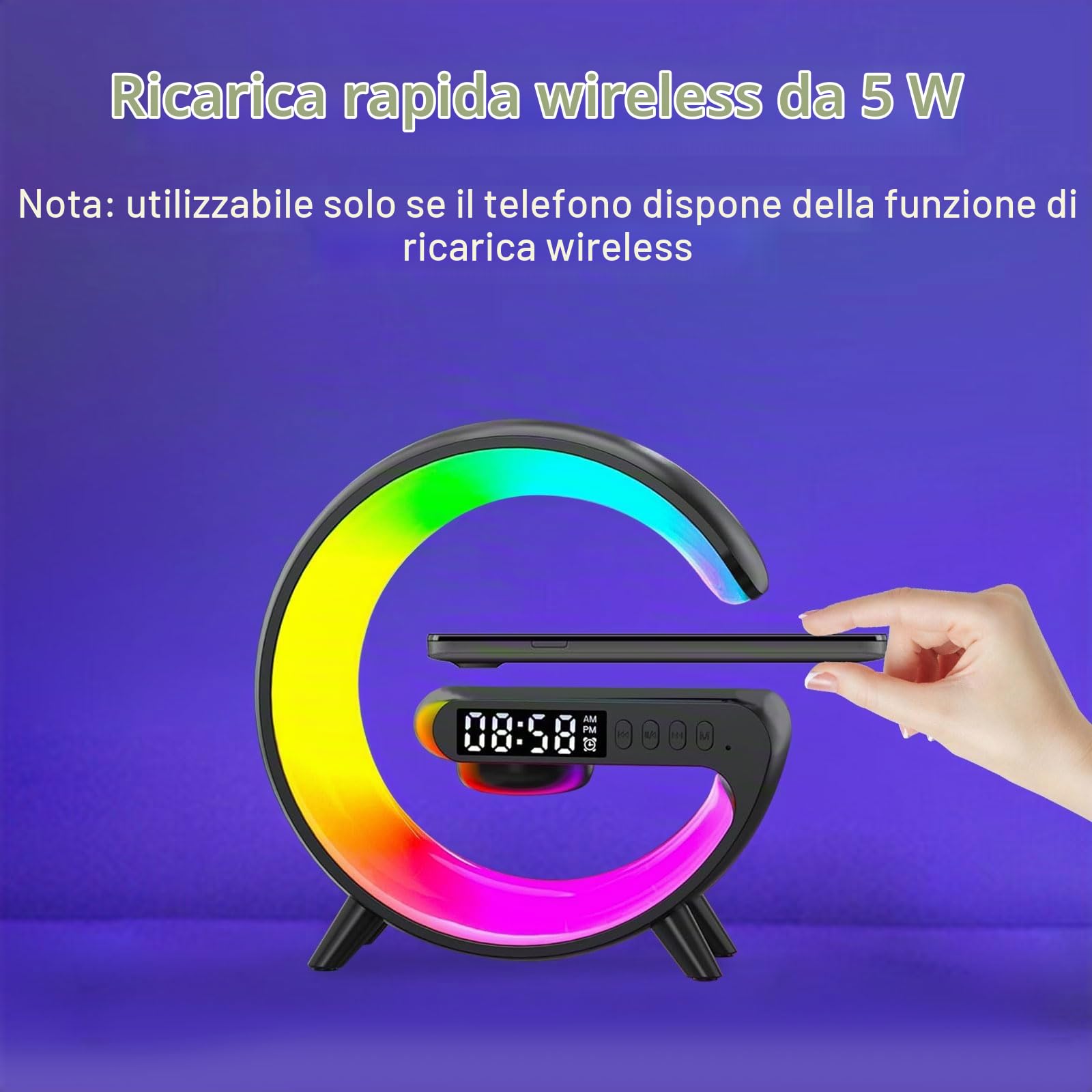 Lampada Wireless da Comodino, Lampada Ricarica Wireless Lampada Comodino Intelligente, Supporta la Connettività Bluetooth, Luci Multicolori, Adatto per il Comodino della Camera da Letto