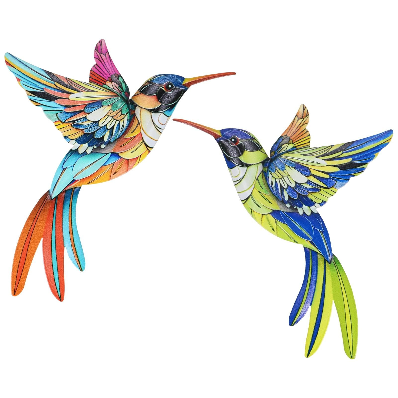 M METERXITY 2-Pack Metal Hummingbird Wall Art Decor, Iron Colorful Birds Outdoor Sculpture Wall Decorations Hanging Decor Ornaments for Garden/Fence/Patio/Balcony [Colorful 2]