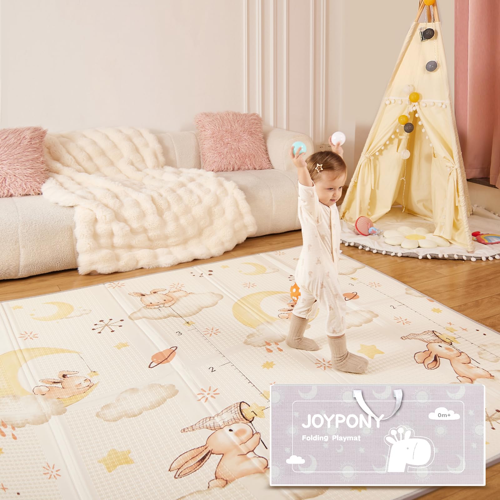 Joypony Krabbelmatte Baby, 120x120 CM Faltbare Spielmatte, Wasserdicht & Rutschfest, Baby Play Mat mit Tragetasche – Ideal für Babys & Kleinkinder