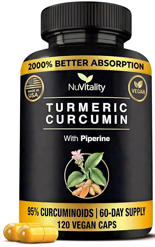 NuVitality Suplemento de Cúrcuma com Curcumina e Extrato de Pimenta-Preta (Piperina) 95% de Curcuminoides, 120 cápsulas