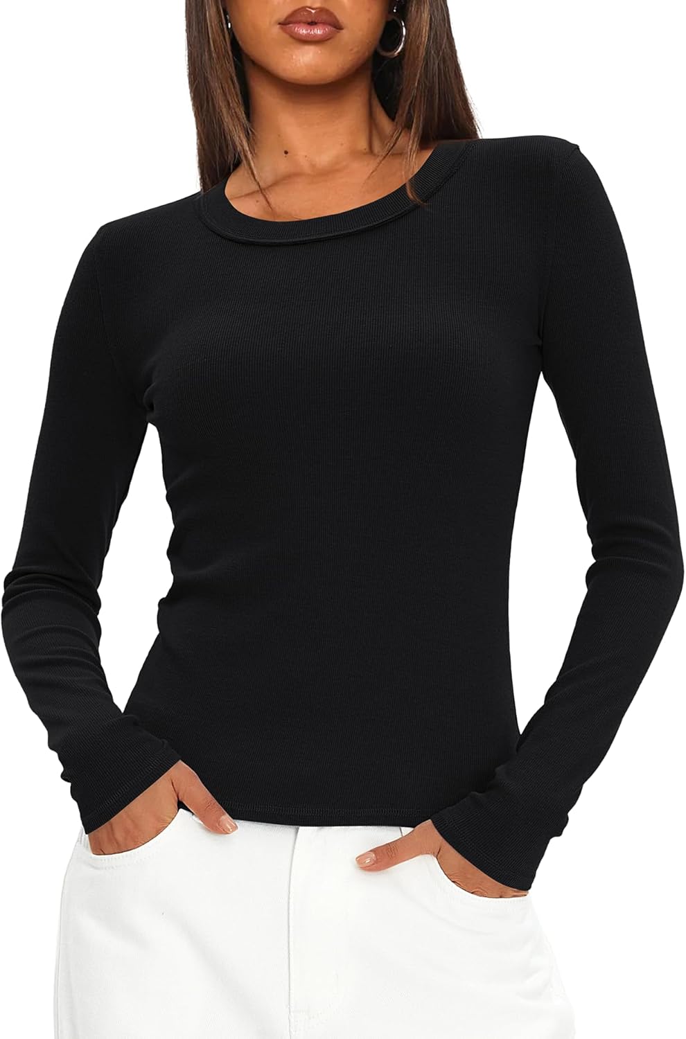 Darong Long Sleeve Shirts for Women Crew Neck Rib Knit Slim Fit Tops Basic Tee Casual T-Shirt Layer Clothes - Image 5