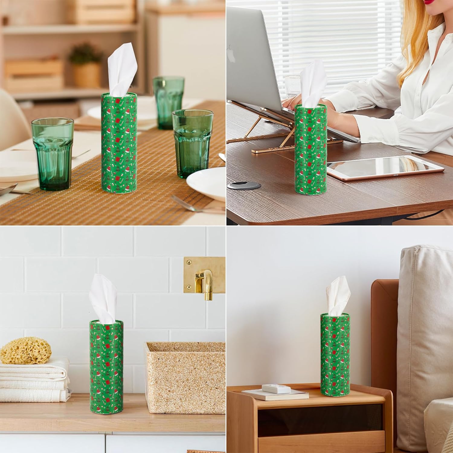 Travel Tissue Cylinder Fit for Car Cup Holder, Tissue Holder Box with Facial Tissues, Cute Print Car Accessories and Interier Decor (4, Holiday Green and Red) image 5