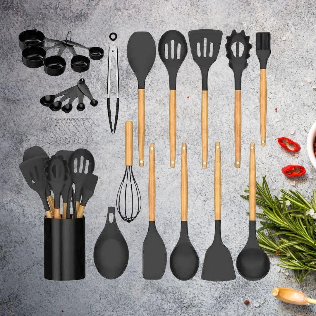 Utensilios de cocina 33 piezas de silicona antiadherente (sin BPA) Set (negro)