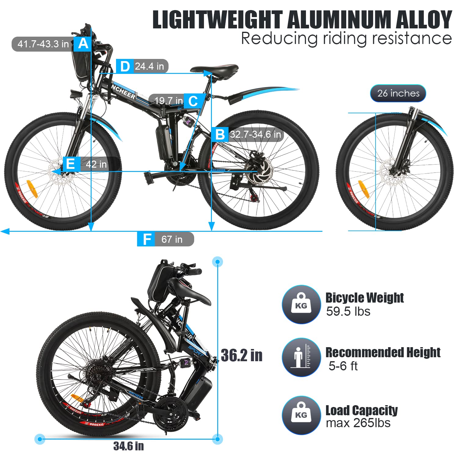 ANCHEER Folding Electric Bike, 26'' Electric Bike for Adults Commuting