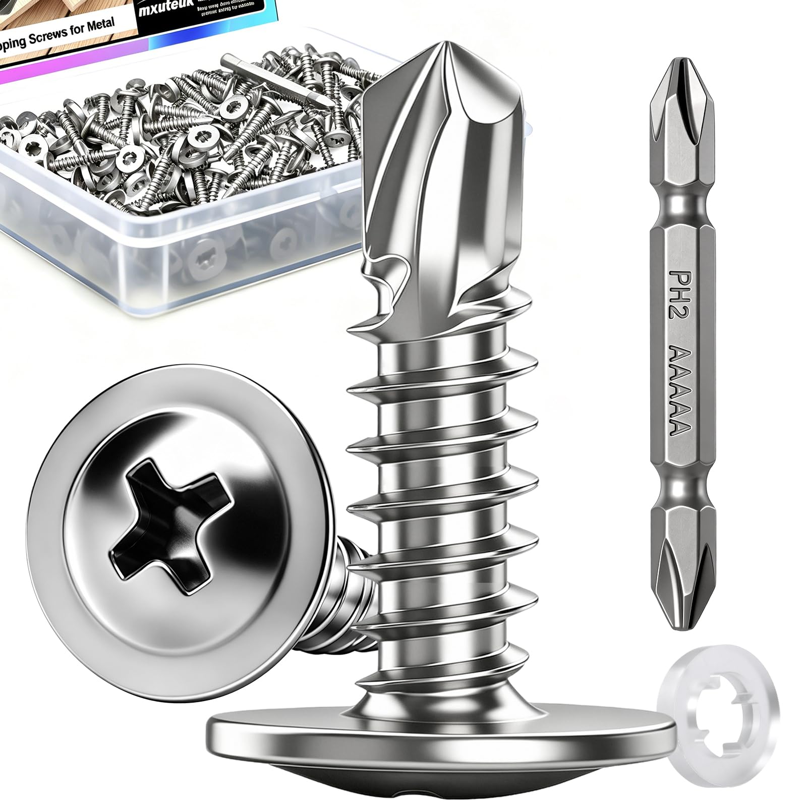 mxuteuk 230PCS #8 Self Tapping Screws for Metal,410 Stainless Steel Self Drilling Screws,1/2",5/8",3/4",1",1-1/4" Truss Head Sheet Metal Screws with Rubber Washers for Metal,Plastic,Wood(115pcs Sets) — Amazon image 18
