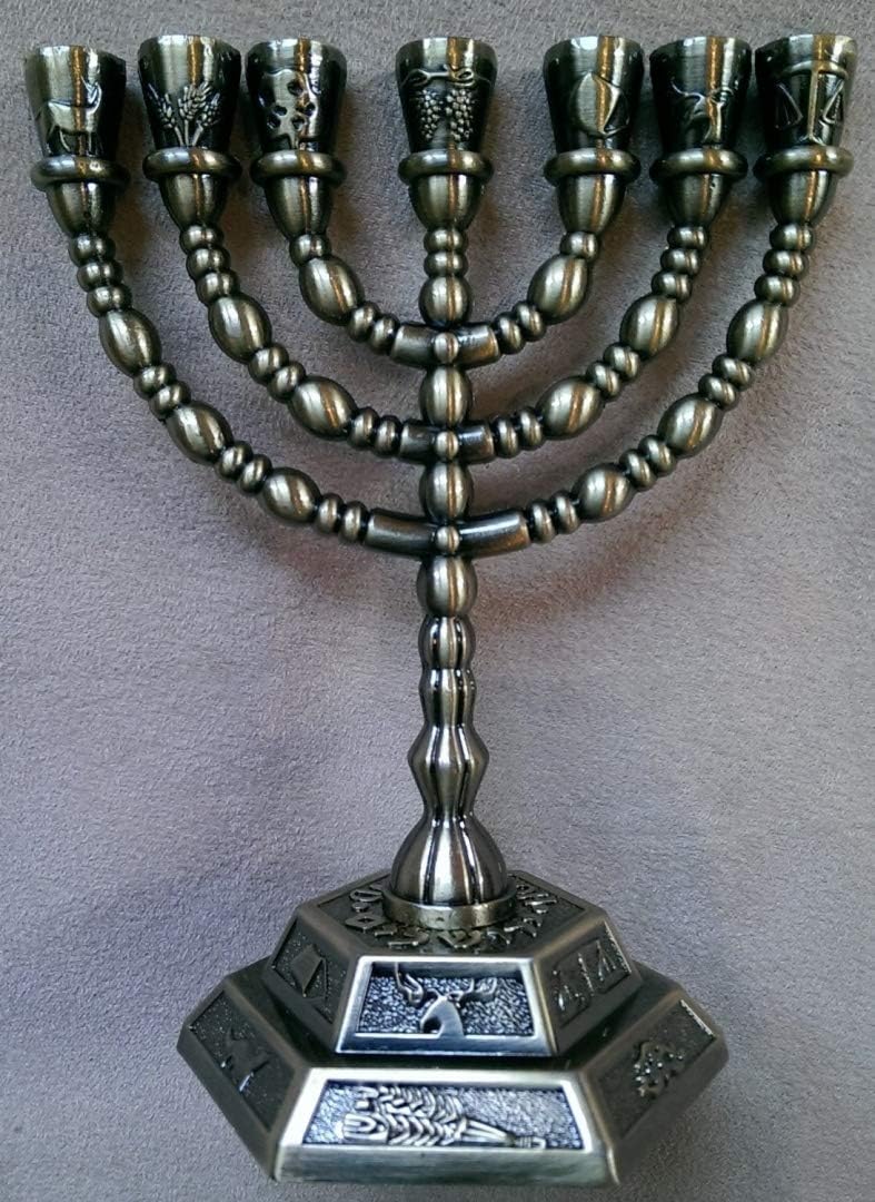 7 Branch Hexagonal Base 12 Tribes of Israel Menorah in Antique Bronze