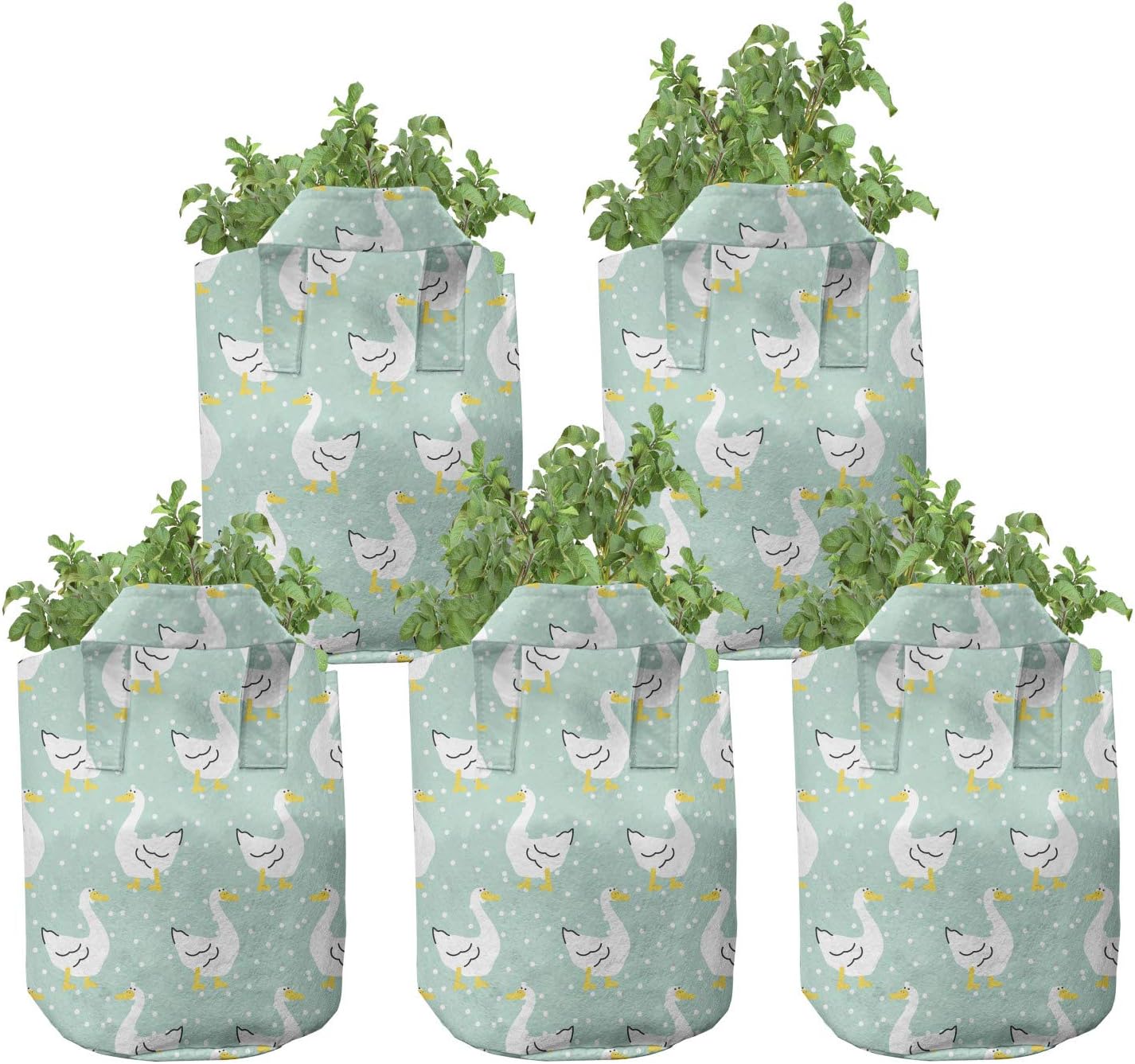 Ambesonne Animal Print Grow Bags 5-Pack, Goose Cartoon, Heavyduty Fabric Pots with Handles for Plants, 5 Gallon, Mint Green Earth Yellow