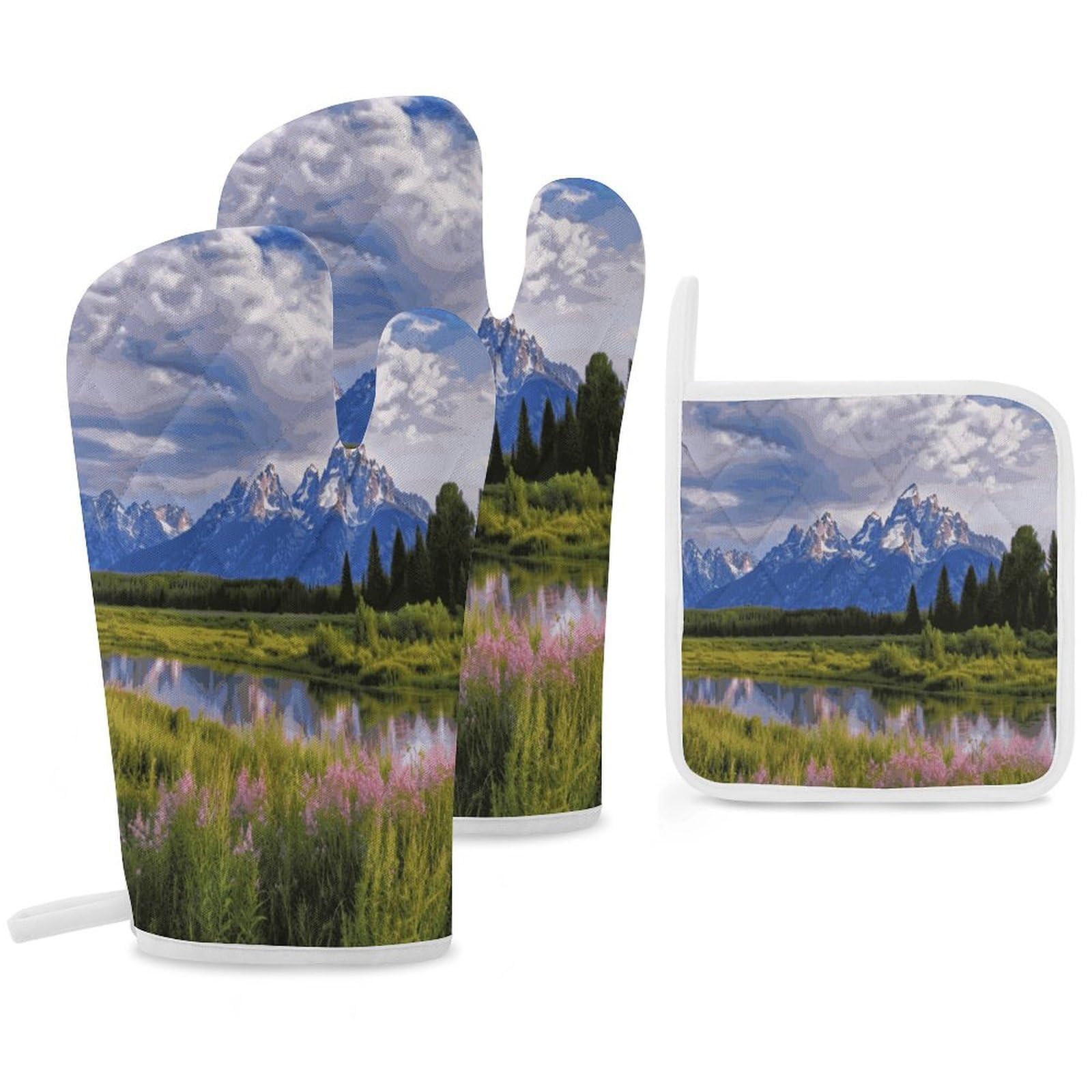 Fekiloot Style Grand Teton National Park Oven Mitts Funny Heat Resistant,Oven Glove With Hanging Loop,Resistant Hot Pads For Kitchen Baking Grilling Cooking