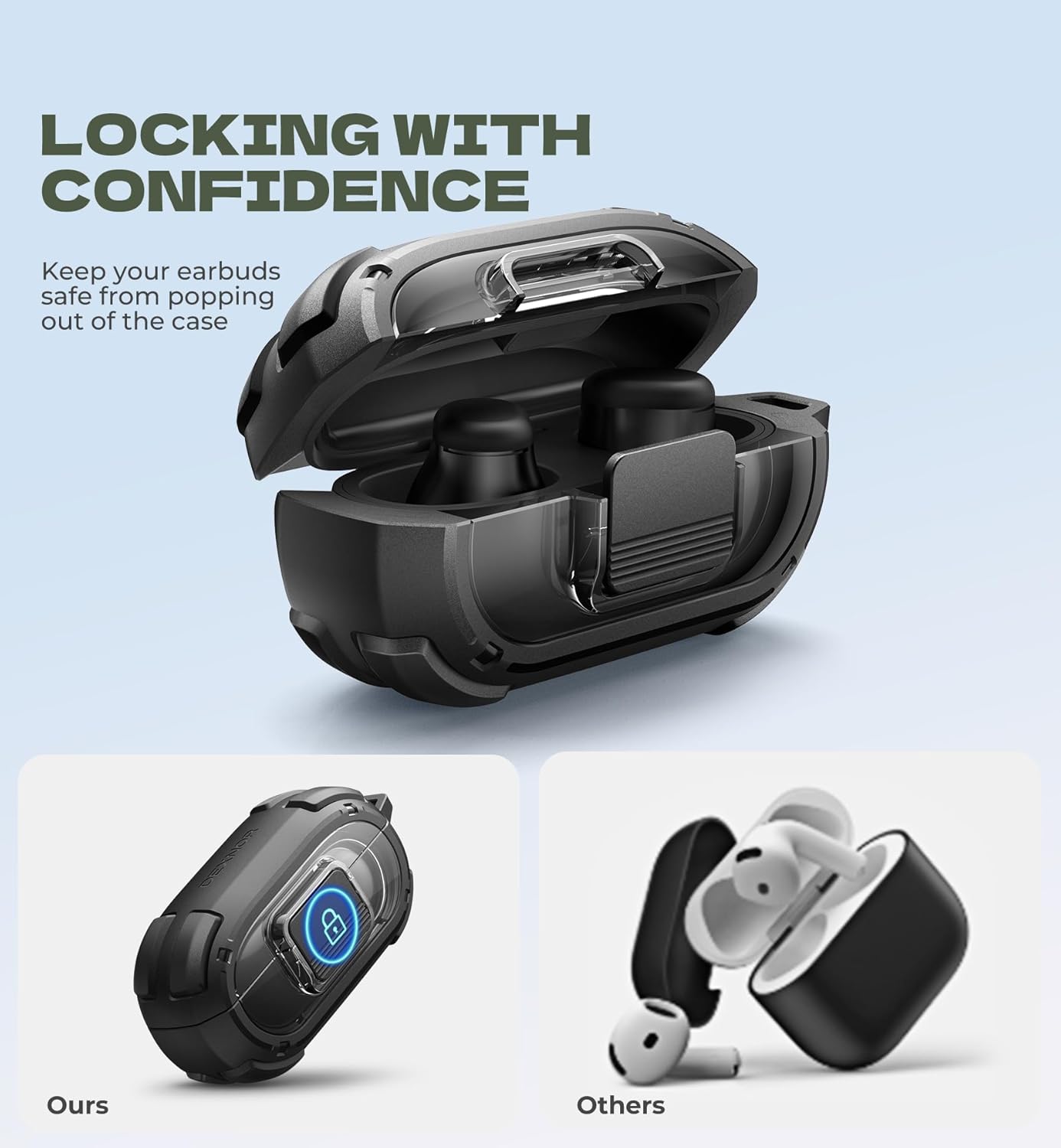 Dexnor for Beats Solo Buds Case with Drop-Proof Lock, Shockproof Rugged Bumper Cases Protective Cover with Carabiner & Keyring & Cleaner Kit for Beats Solo Buds 2024 Black