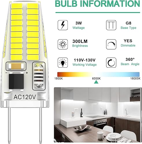 Miniatura 3 de Paquete de 12 bombillas LED G8 regulables, 120 V, 20 W, 25 W, T4 JCD, tipo bi-pines, reemplazo halógeno para iluminación de disco debajo del