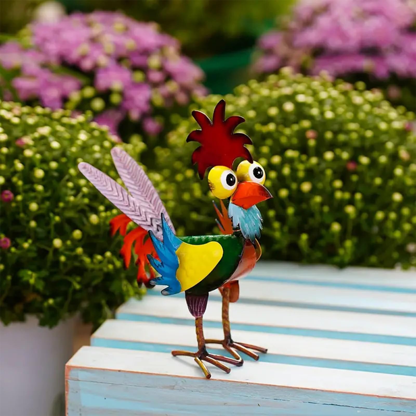 Estatuas de gallo, gallo de hierro forjado, adornos de gallo, 19 x 8 x 22 cm, metal pollo arte escultura al aire libre 3D coloridos adornos de pollo de metal