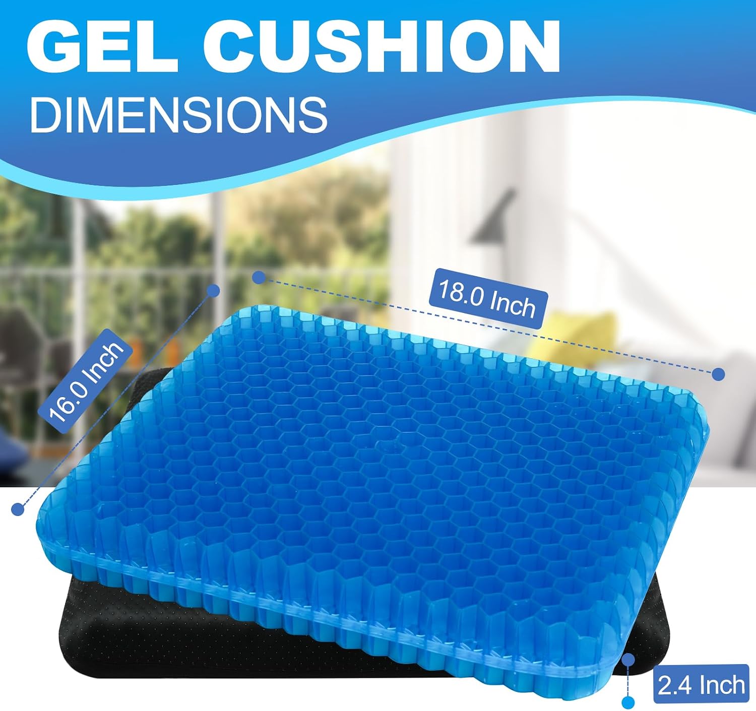 gel seat cushion for long sitting - 18" x 16" x 2.4" (extra thick&soft) gel cushion for people over 200 lbs, pressure relief cushion for office chair, egg cushions for wheelchair, gel pad for car widen size blue gel