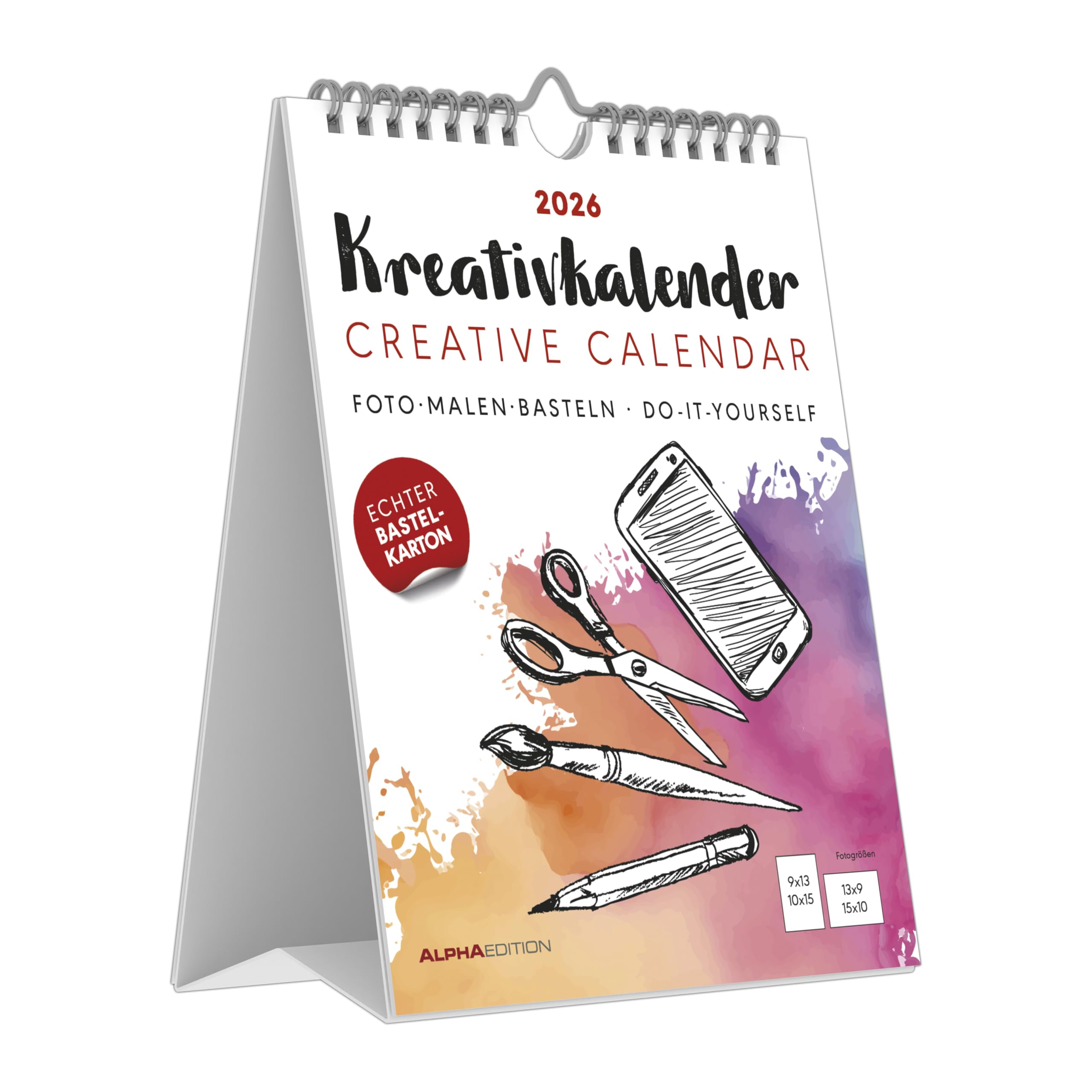 Alpha Edition - Kreativ-Kalender Tischaufsteller hoch weiß 2026 – Bastelkalender 16×20 cm mit schwarzem Papier, deutschem Kalendarium & Spiralbindung, zum Selbstgestalten, Aufhängen & Aufstellen