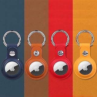 Airtag Keychain Compatible with Apple Air Tag Case, 4 Pack Pu Leather Air Tag Holder for Airtag Case,Air Tag Keychain Accessories for Airtags Dog Collar (Blue Brown Red Yellow)