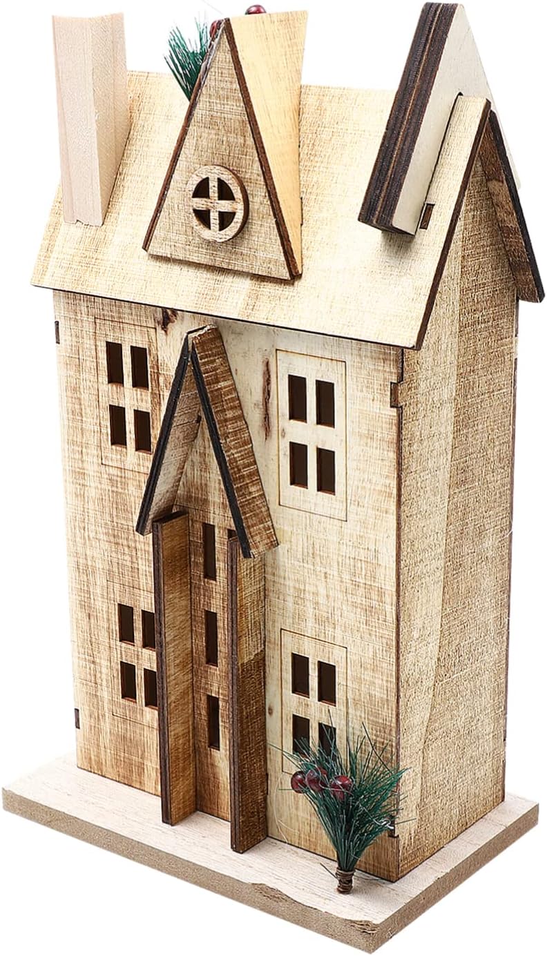 Uonlytech 1pc Wooden House Decor Xmas Led Lighted Tabletop Ornament for Festive Home Decoration Rustic Nordic Style Christmas Decor for Boys and Girls and Family Celebrations