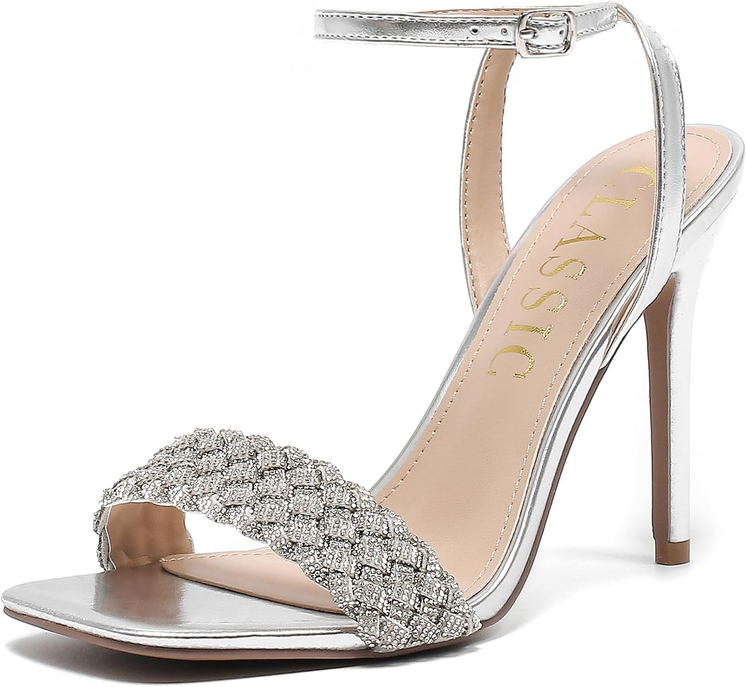 Women's Stiletto Heels, Crystal High Heels Rhinestone Silver Sandals Open Square Toe Ankle Strap Heels Strappy Dress Shoes for Party Wedding Bridal