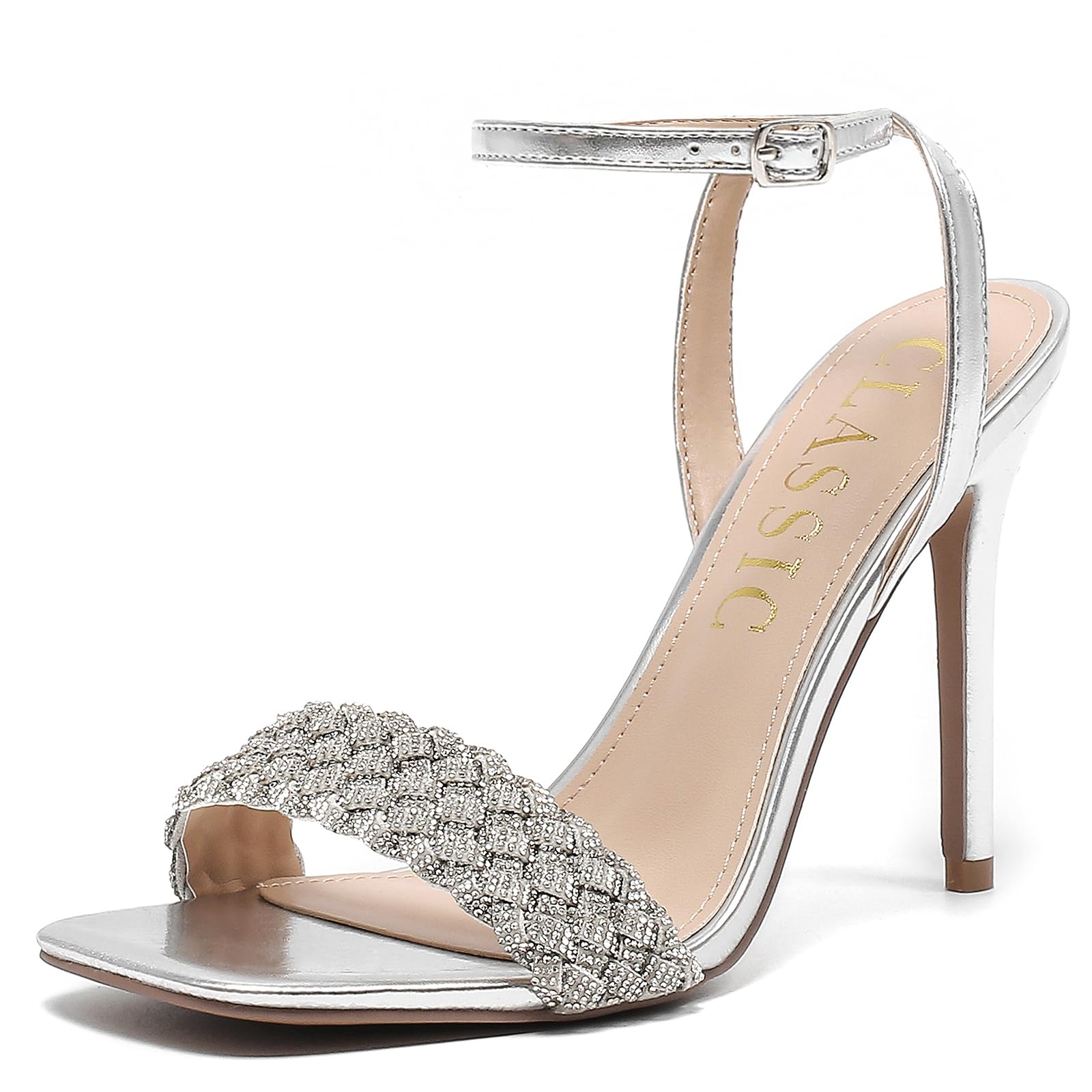 Women's Stiletto Heels, Crystal High Heels Rhinestone Silver Sandals Open Square Toe Ankle Strap Heels Strappy Dress Shoes for Party Wedding Bridal