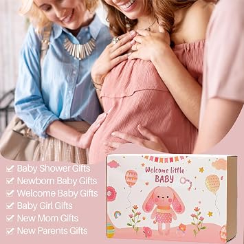 Baby Girl Gifts Basket Newborn Baby Girl Essentials Set with Dress Pink Bunny Comfort Toy,Pacifier Clip,Baby Socks,Bib,Baby Shower Gifts for Girls