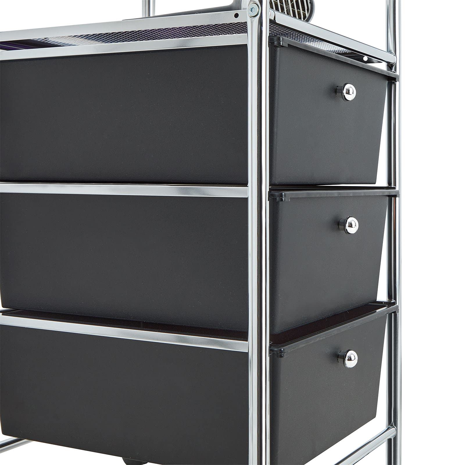 IDIMEX Caisson sur roulettes GINA Chariot avec 3 tiroirs en Plastique Noir et 2 étagères, Meuble de Rangement pour Salle de Bain en métal chromé