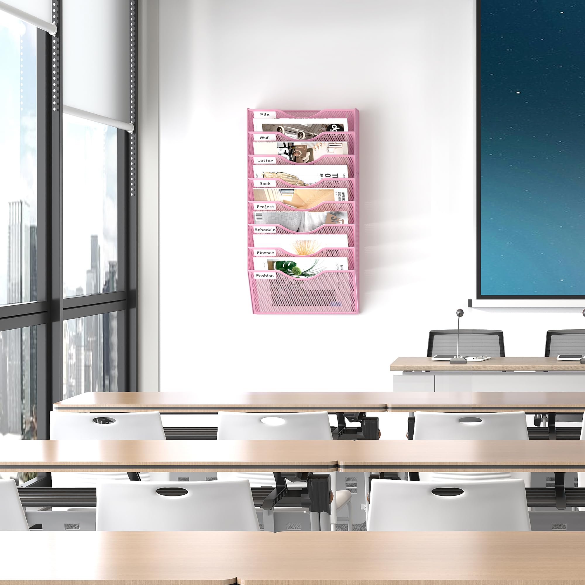 EasyPAG Organizador de archivos de pared de malla de 8 bolsillos con soporte para llaves, fácil gestión y clasificación de archivos, soporte de pared que ahorra espacio para oficina, hogar, aula