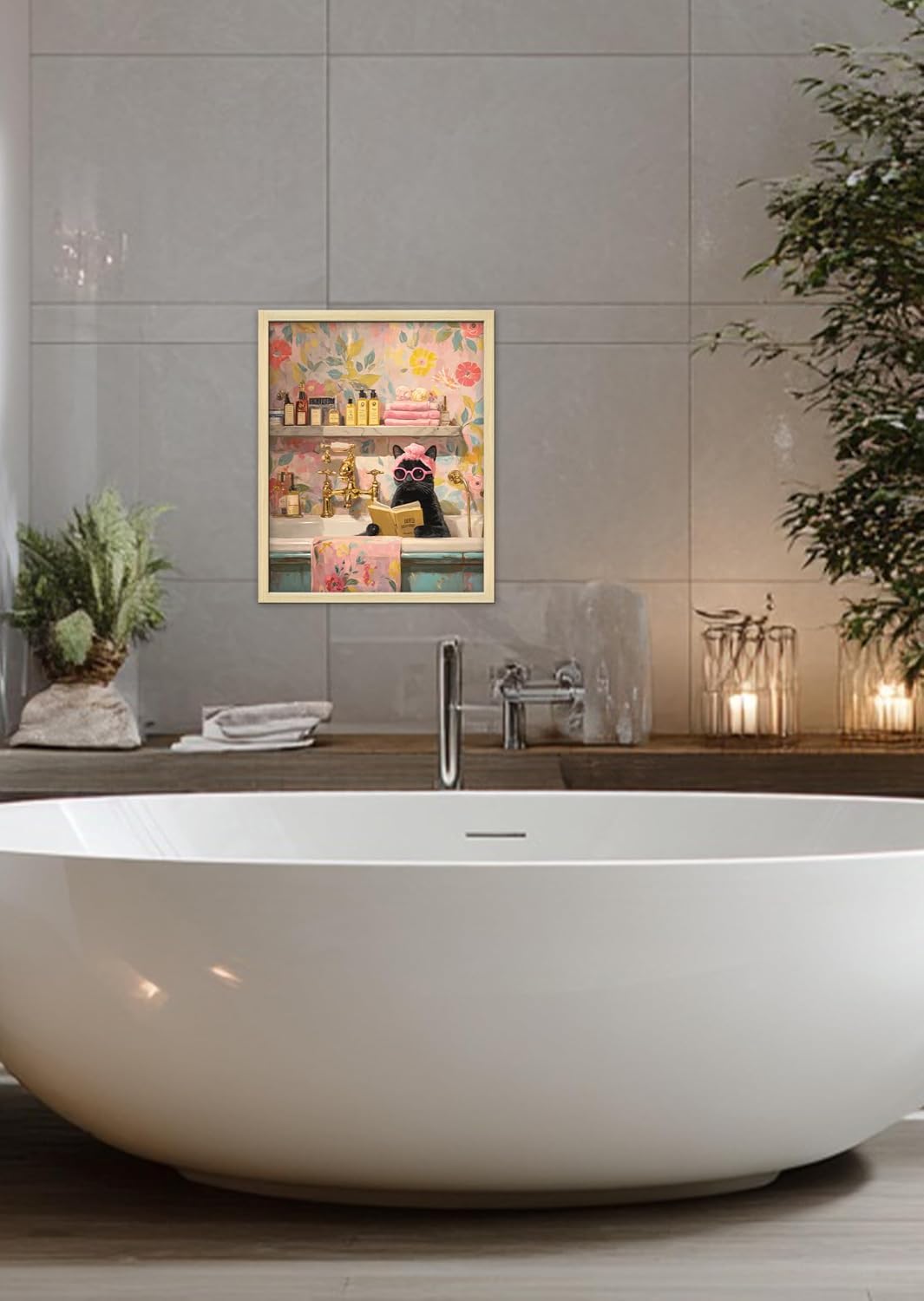 Funny Elegant Cat Wall Art Print Cat Lady In The Bathtub Poster Canvas Art Wall Decor Picture For Bedroom Office living room Bathroom Wall Decor Aesthetic Home Artwork 16" × 20" With Framed