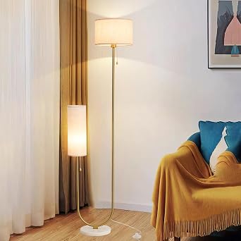 Floor Lamp for Living Room,Modern U-Shaped Standing Lamps with 2 Fabric lampshades, Rustic Farmhouse Tall Pole Light for Bedroom Corner Reading Gold+Linen Shade