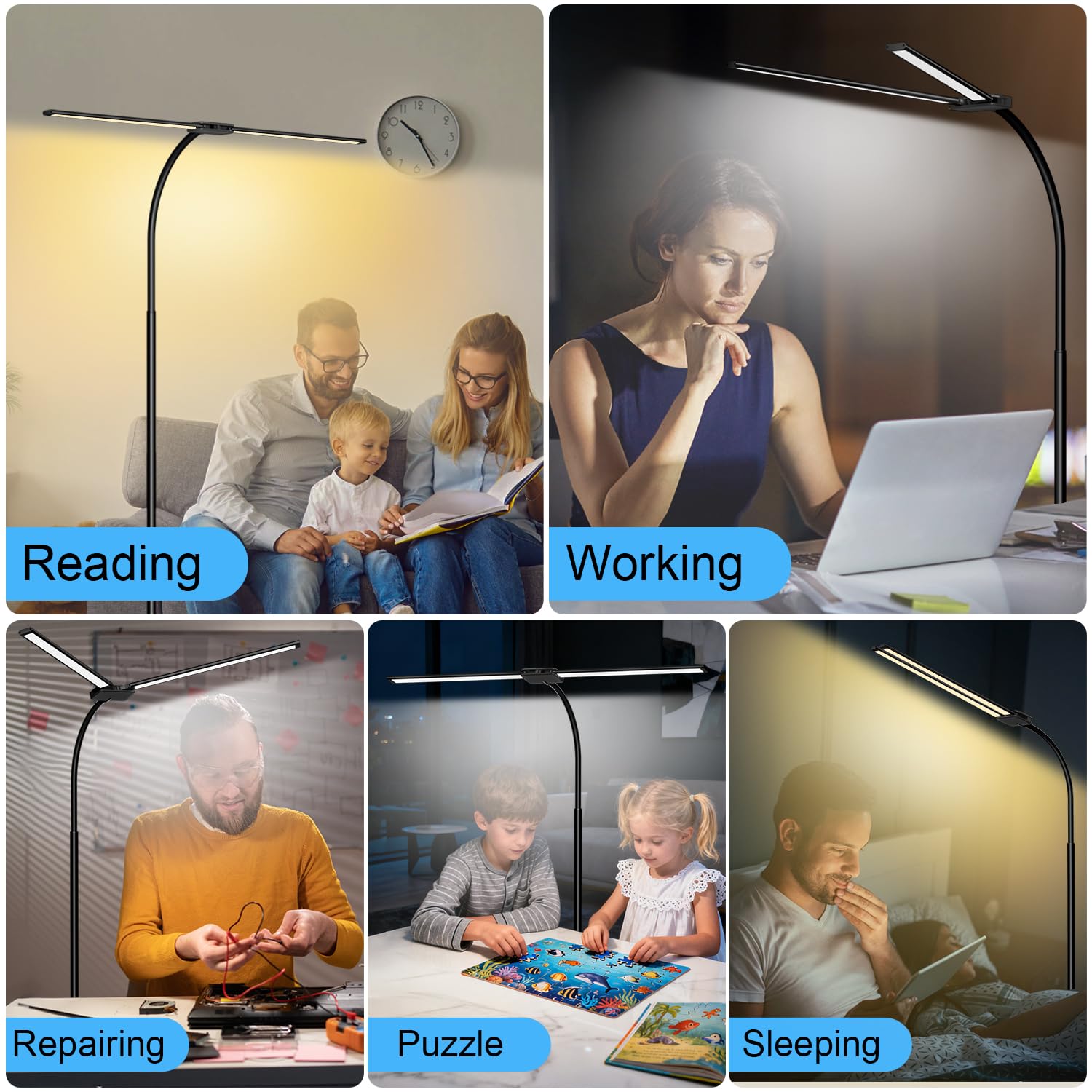 LED Dual Head Floor Lamp with 50 Light Mode, Dimmable Gooseneck Tall Standing Lamp with Remote & Gesture Control - Image 2