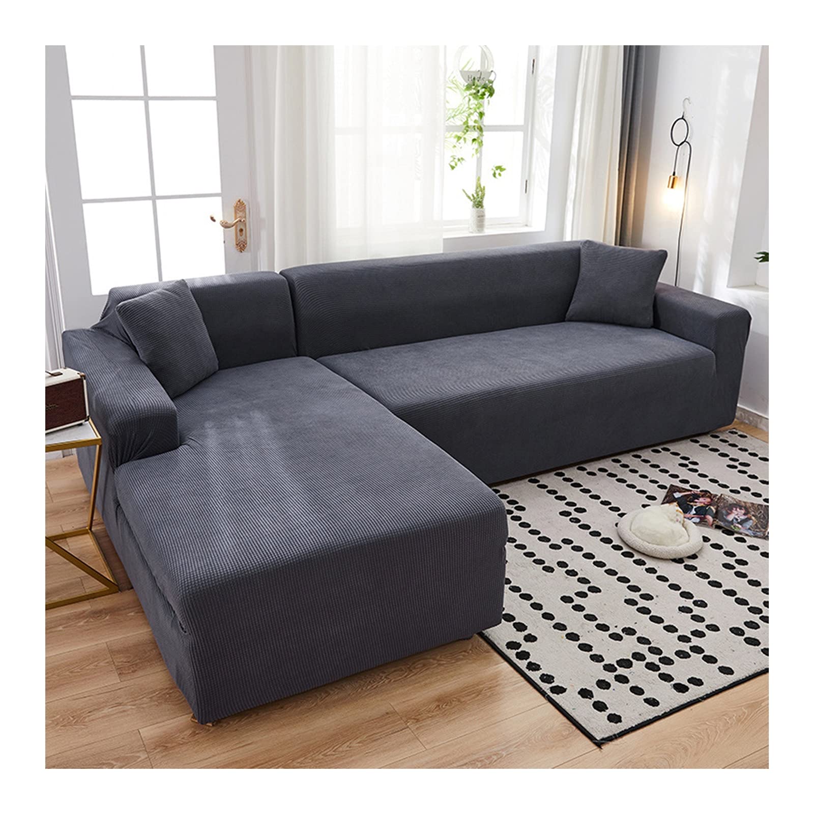 Housse de canapé 3+3 places polaire gris foncé extensible pour salon d'angle