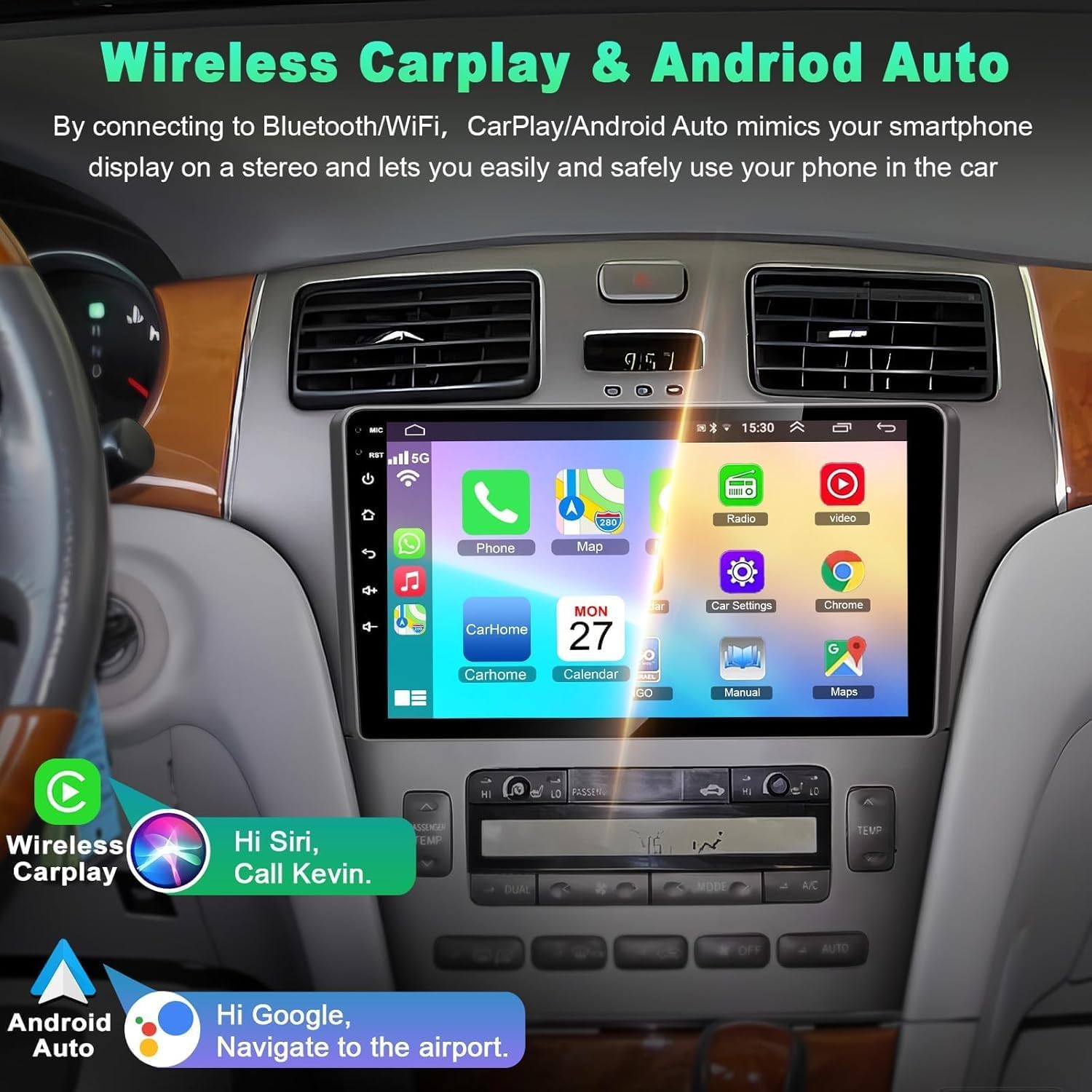 (8Core + 64GB) 9 Inch QLED Touch Screen Car Radio for Lexus ES250 ES300 ES330 2001-2006 with Carplay and Android Auto,Android 15 ES250 Stereo Support Bluetooth,WiFi,GPS,FM Radio,Backup Camera & SWC